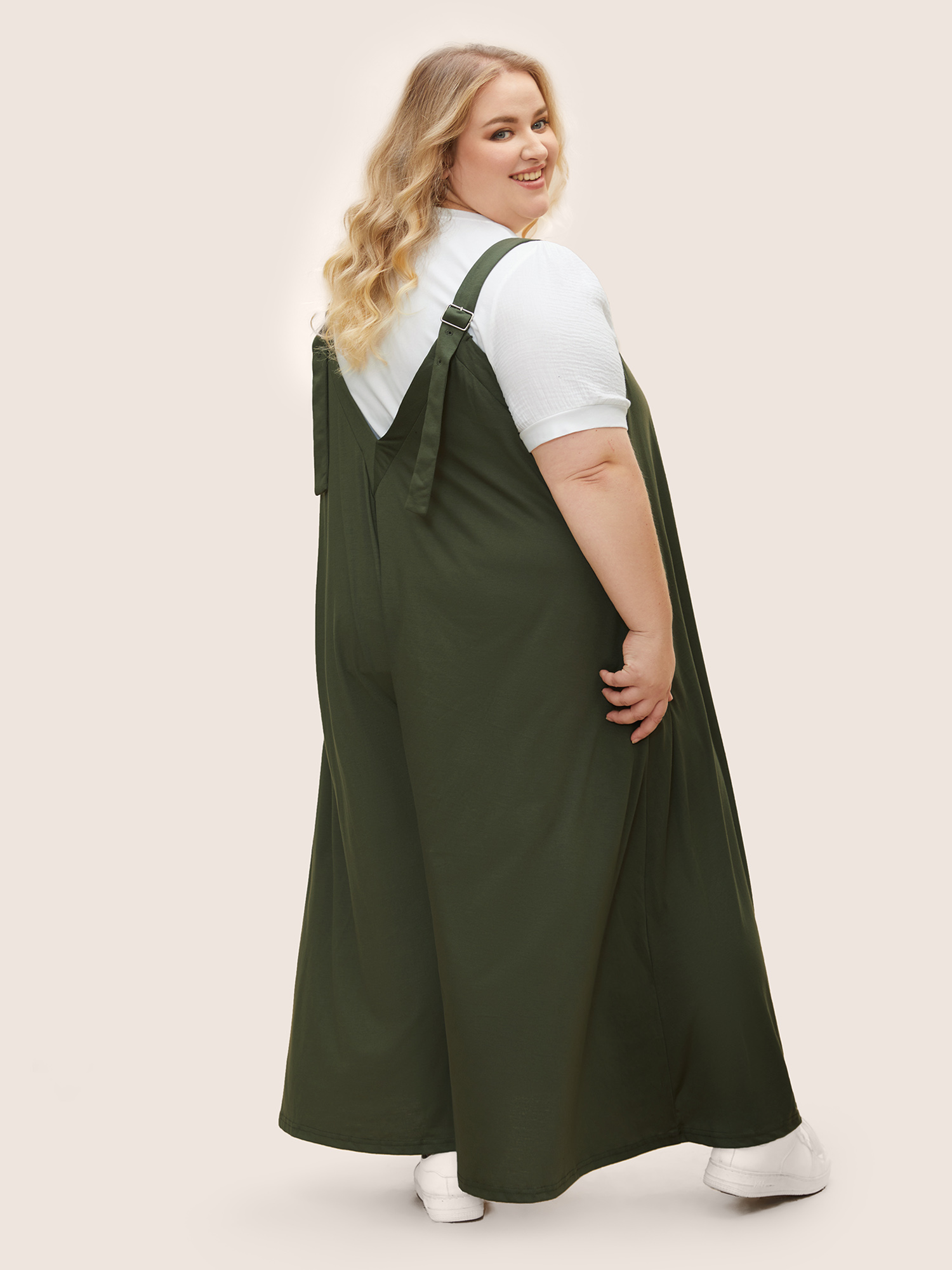 Plus Size ArmyGreen Supersoft Essentials Solid Pocket Adjustable Straps Jumpsuit Women Casual Sleeveless Non Everyday Loose Jumpsuits BloomChic 30/6X 