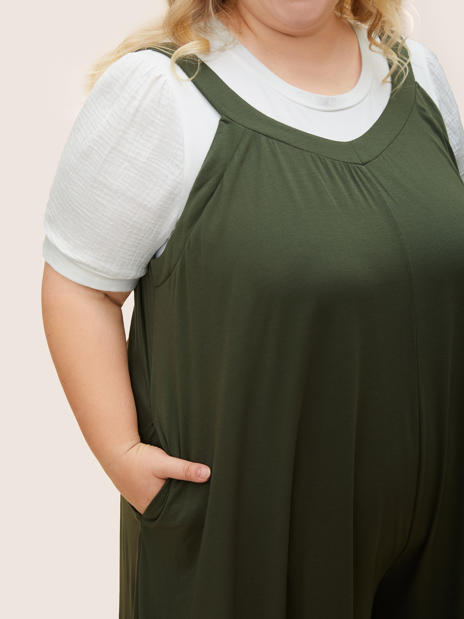 Plus Size ArmyGreen Supersoft Essentials Solid Pocket Adjustable Straps Jumpsuit Women Casual Sleeveless Non Everyday Loose Jumpsuits BloomChic 30/6X 