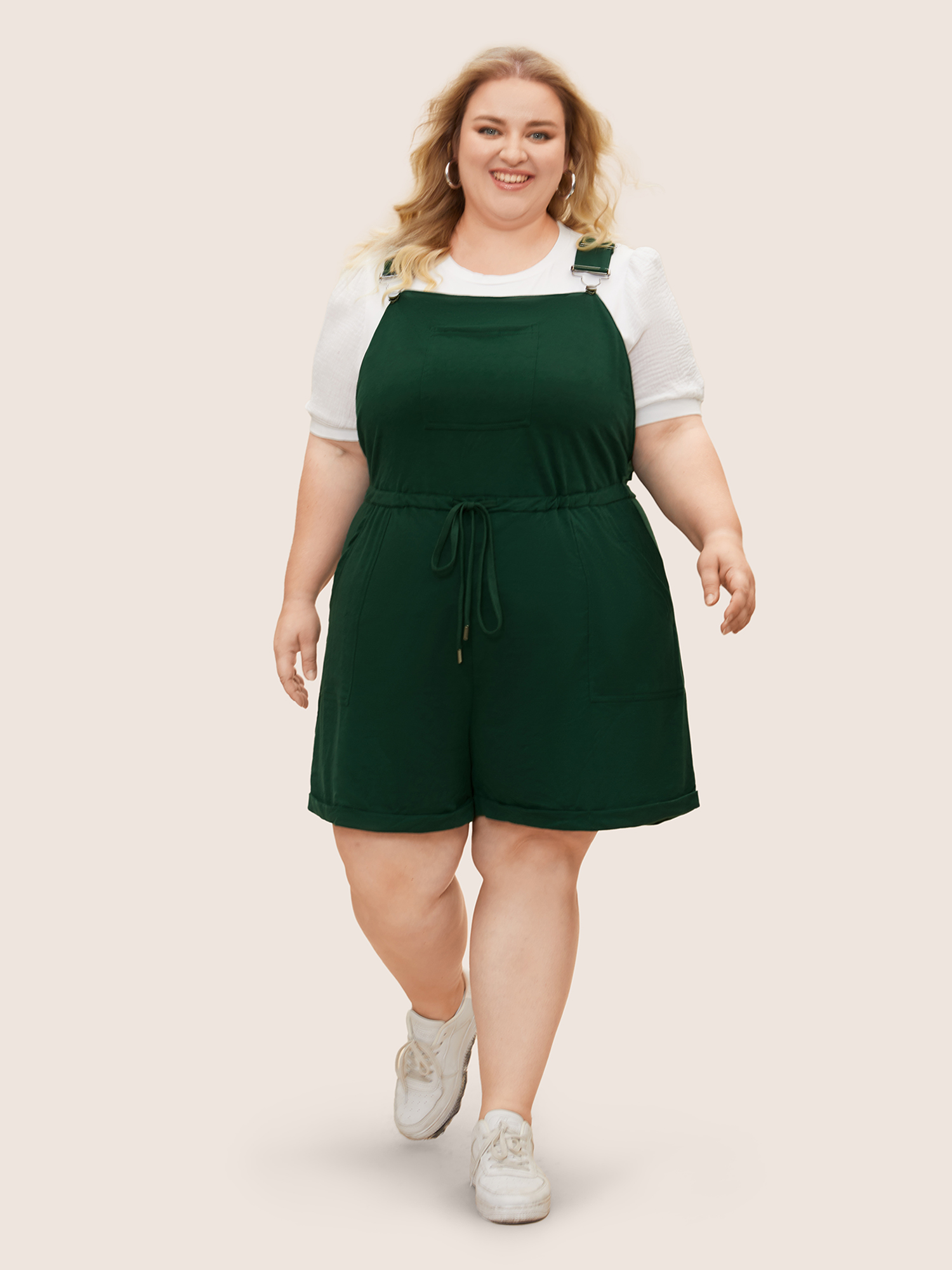 Plus Size DarkGreen Solid Pocket Drawstring Overall Romper Women Casual Sleeveless Non Everyday Loose Jumpsuits BloomChic 18-20/2X 