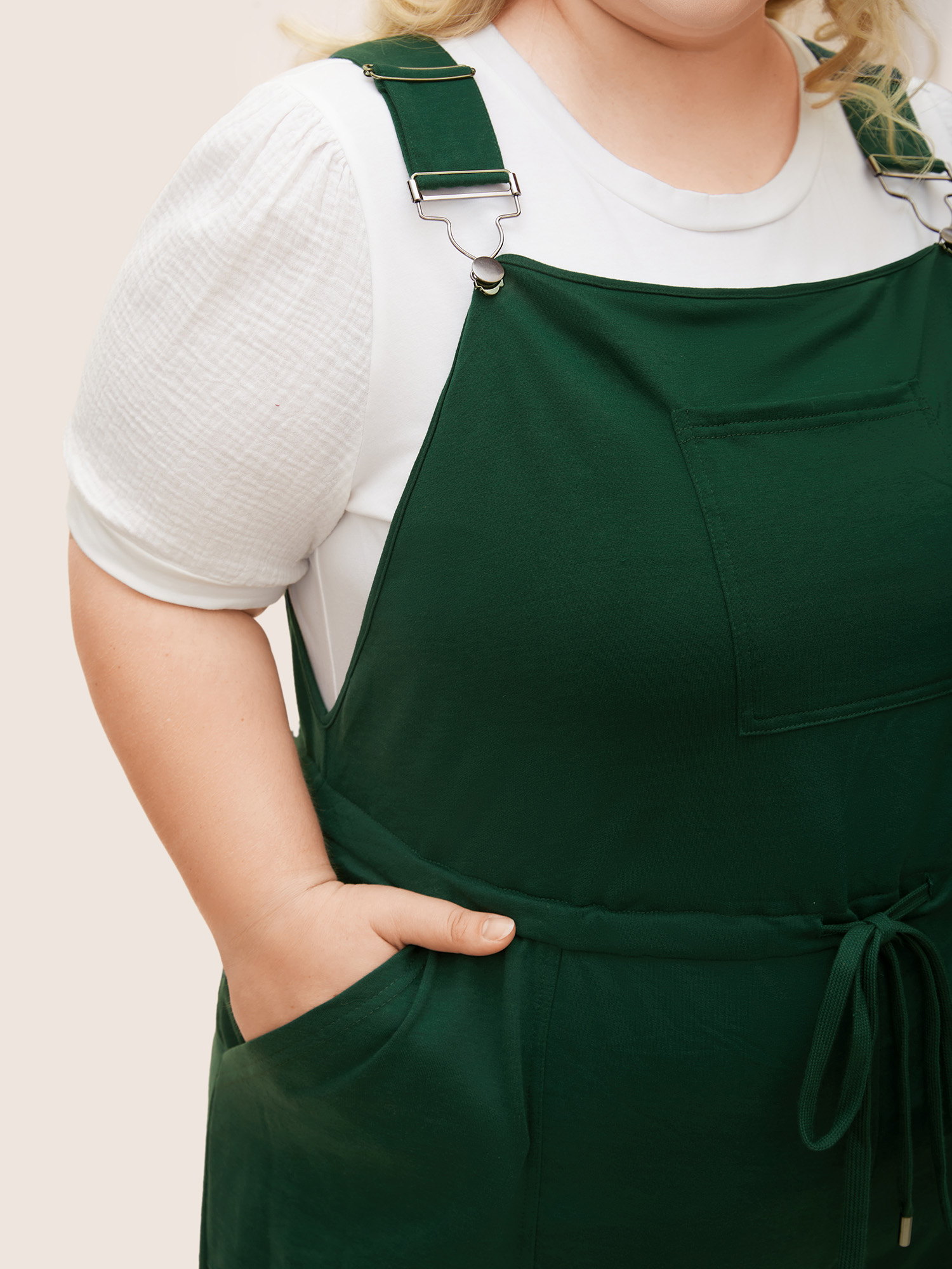 Plus Size DarkGreen Solid Pocket Drawstring Overall Romper Women Casual Sleeveless Non Everyday Loose Jumpsuits BloomChic 18-20/2X 
