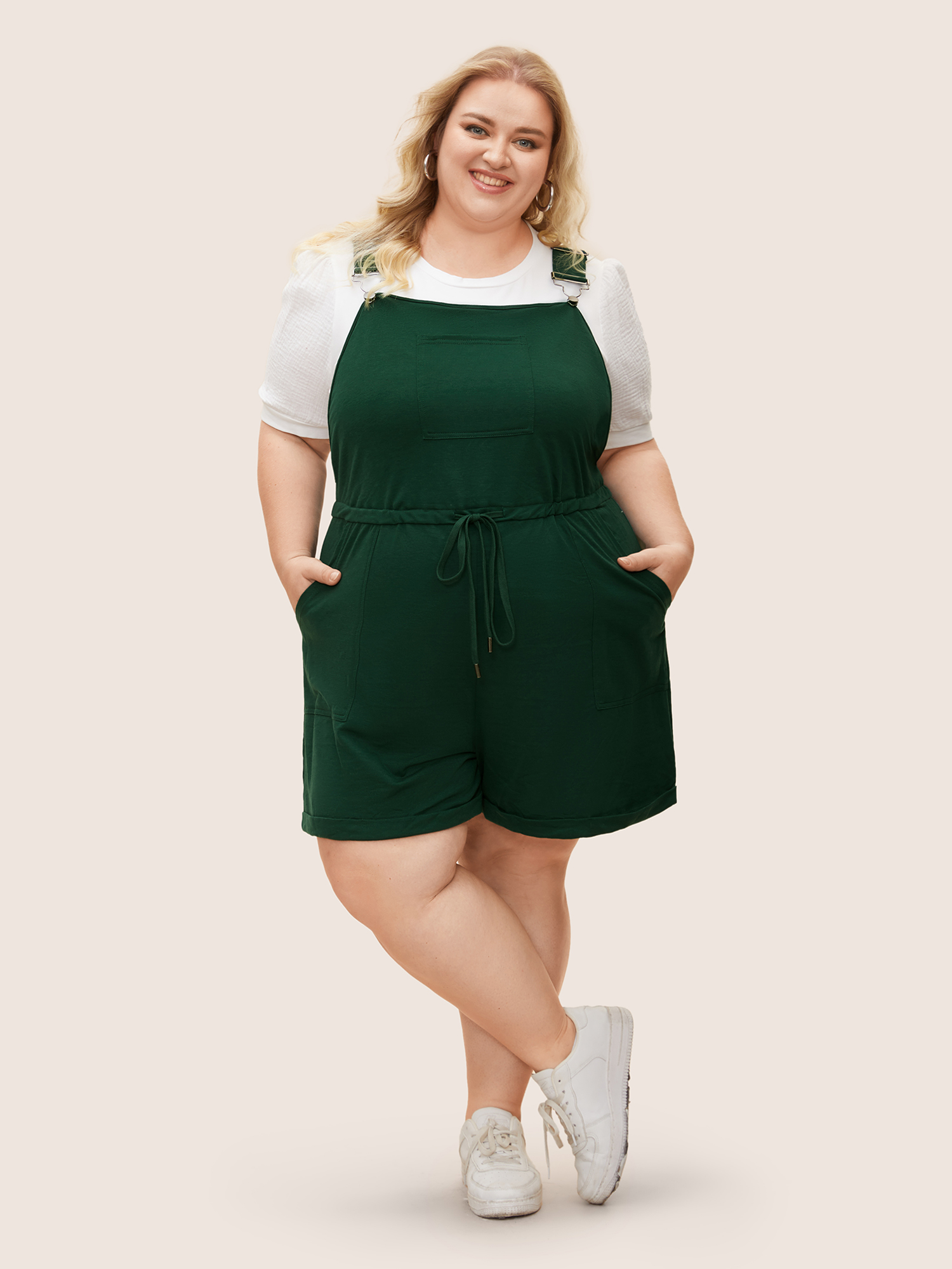 Plus Size DarkGreen Solid Pocket Drawstring Overall Romper Women Casual Sleeveless Non Everyday Loose Jumpsuits BloomChic 18-20/2X 