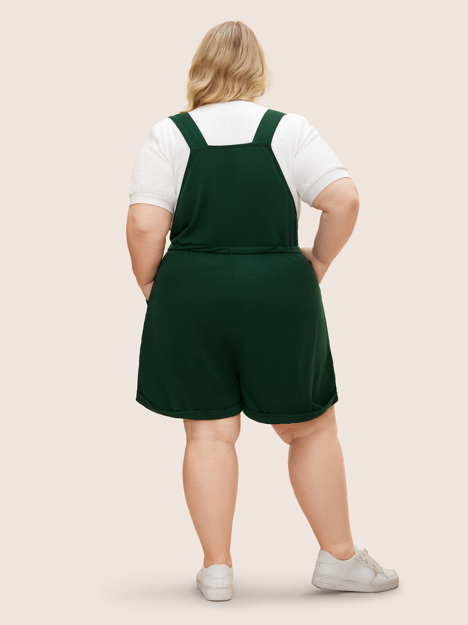 Plus Size DarkGreen Solid Pocket Drawstring Overall Romper Women Casual Sleeveless Non Everyday Loose Jumpsuits BloomChic 18-20/2X 