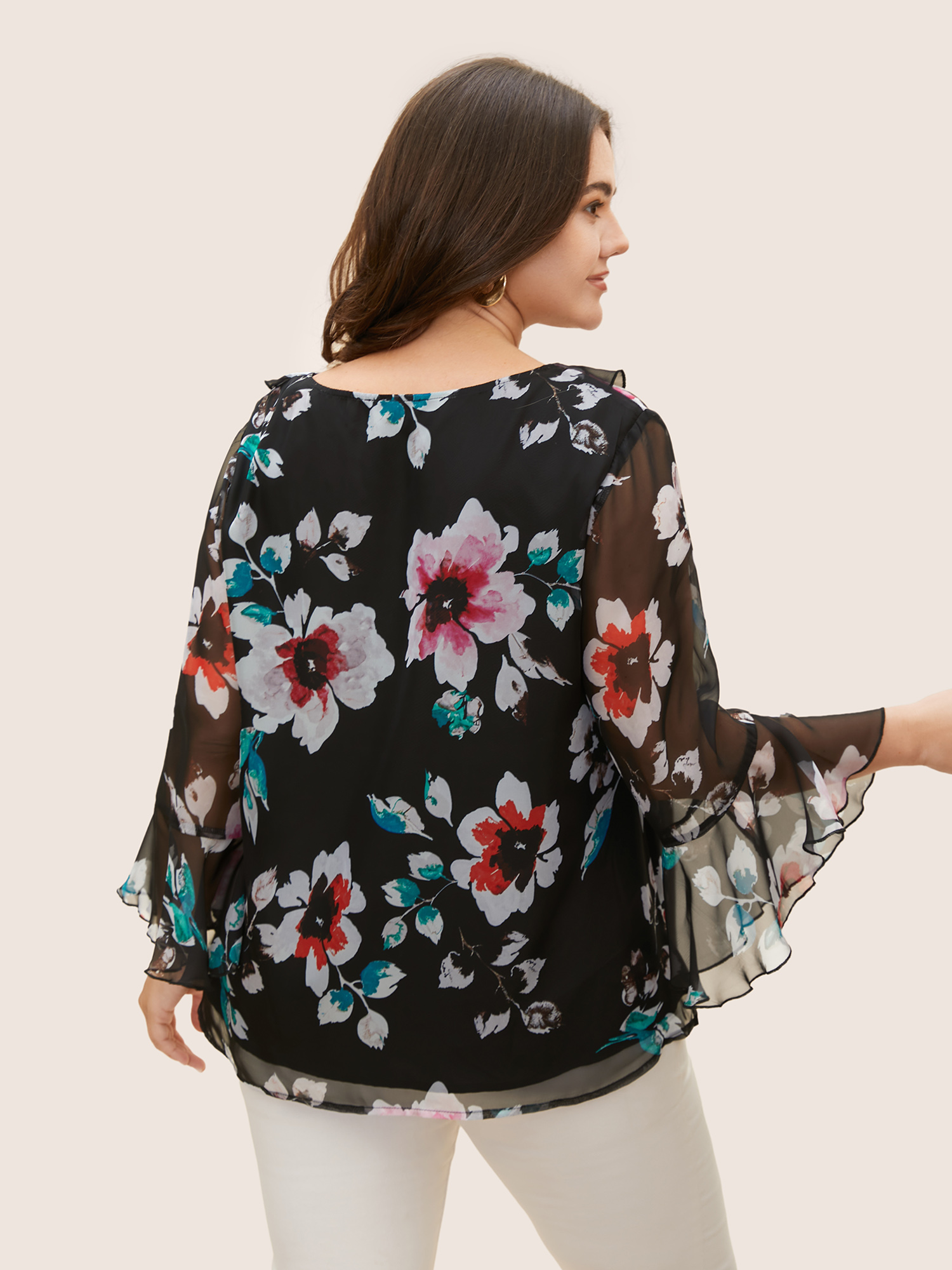 

Plus Size Black Chiffon Floral Ruffles Mesh Blouse Women Elegant Elbow-length sleeve V-neck Everyday Blouses BloomChic