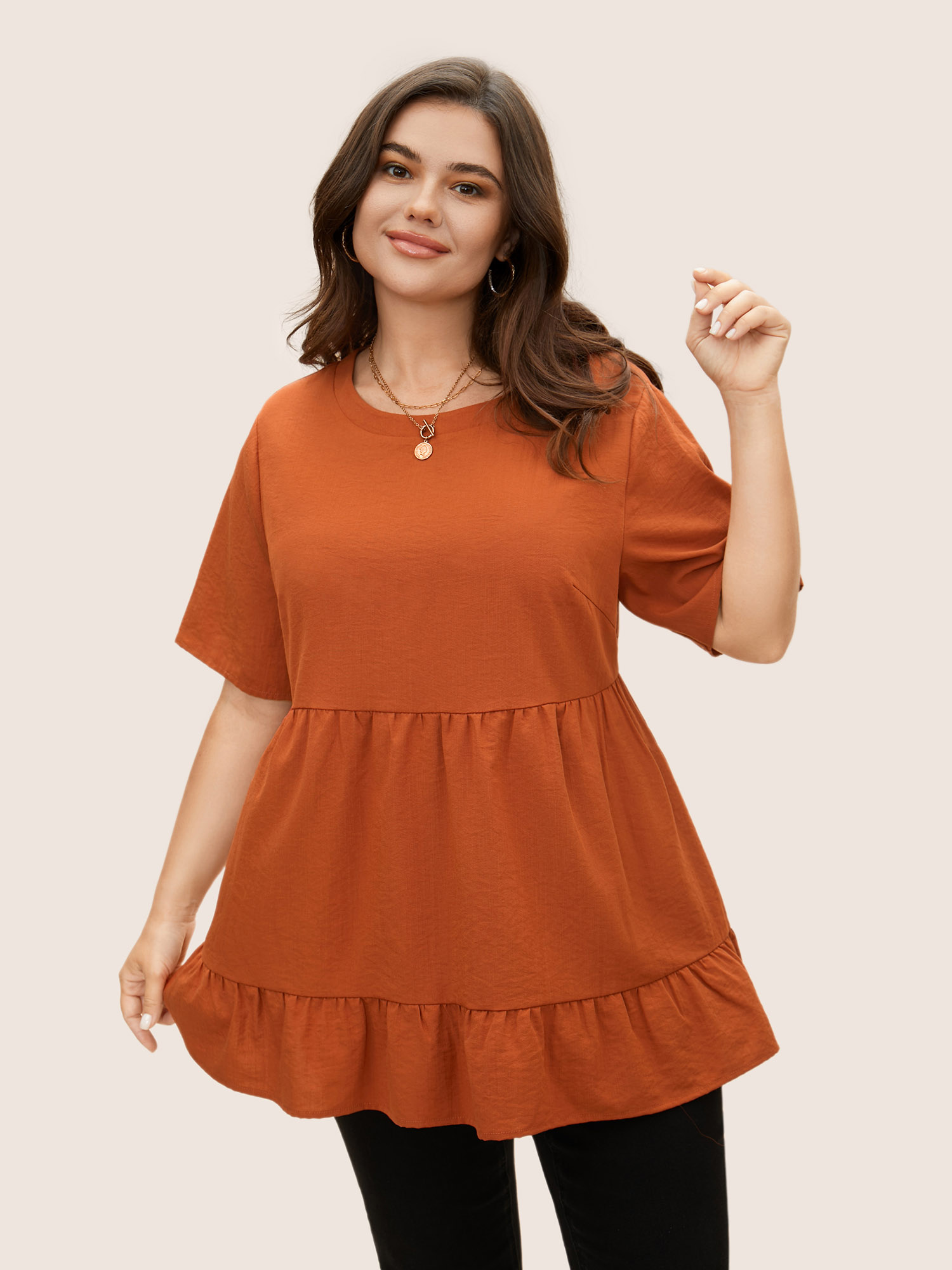 

Plus Size Rust Solid Crew Neck Ruffle Hem Blouse Women Casual Short sleeve Round Neck Everyday Blouses BloomChic