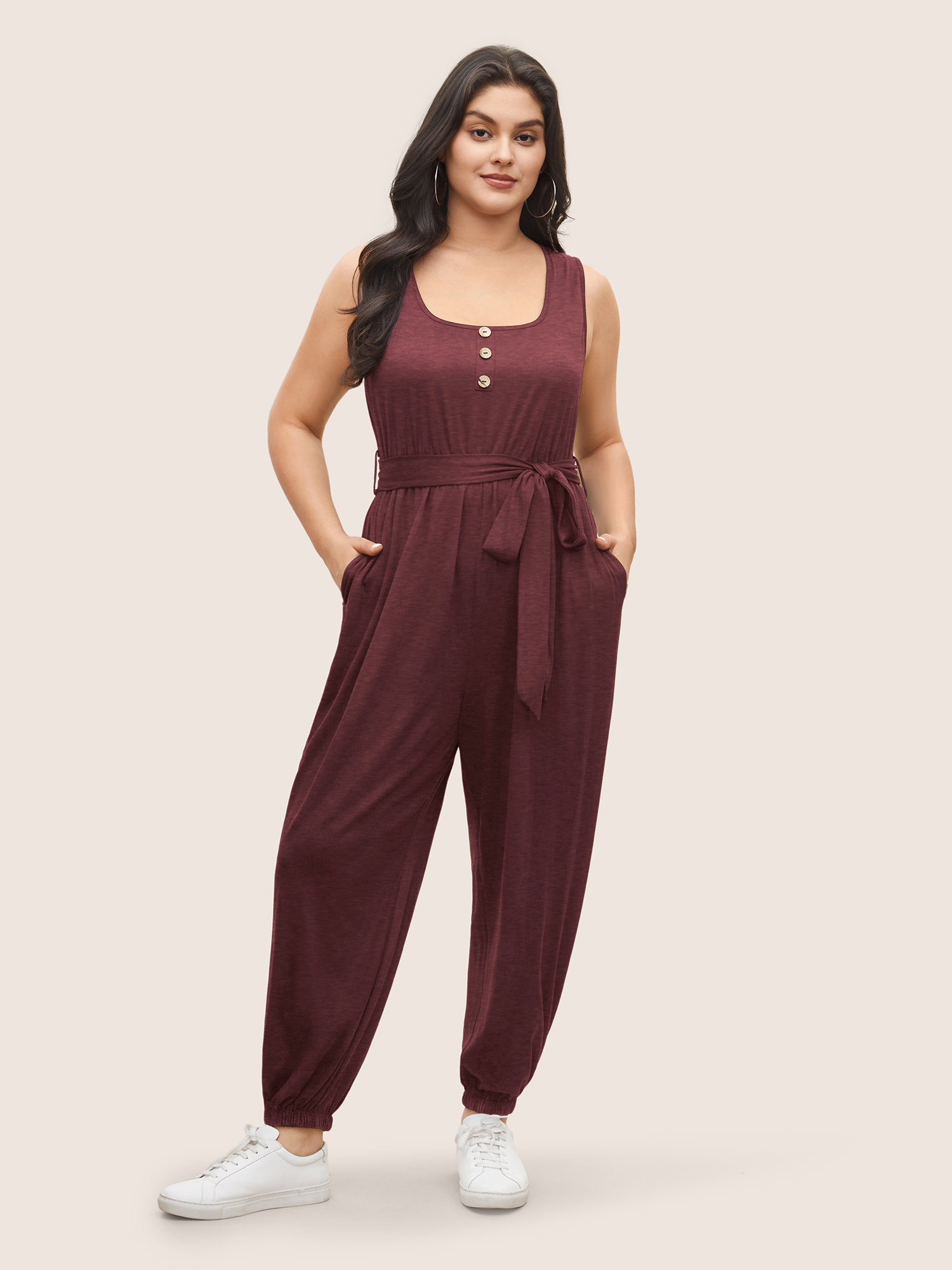 

Plus Size Rust Supersoft Essentials Plain Button Detail Belted Jumpsuit Women Casual Sleeveless Non Everyday Loose Jumpsuits BloomChic