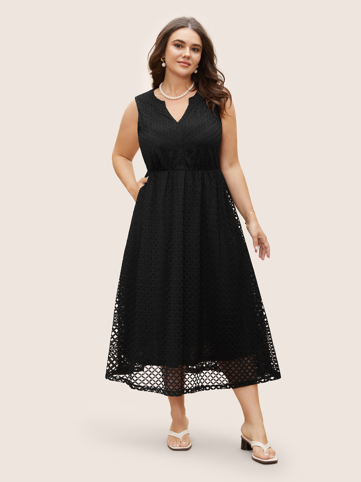 

Plus Size Notched Crochet Lace Mesh Midi Dress Black Women Elegant Texture Flat collar with V-notch Sleeveless Curvy BloomChic