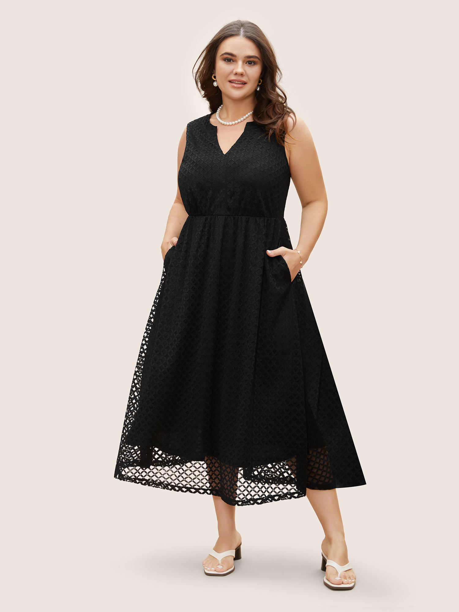 

Plus Size Notched Crochet Lace Mesh Midi Dress Black Women Elegant Texture Flat collar with V-notch Sleeveless Curvy BloomChic