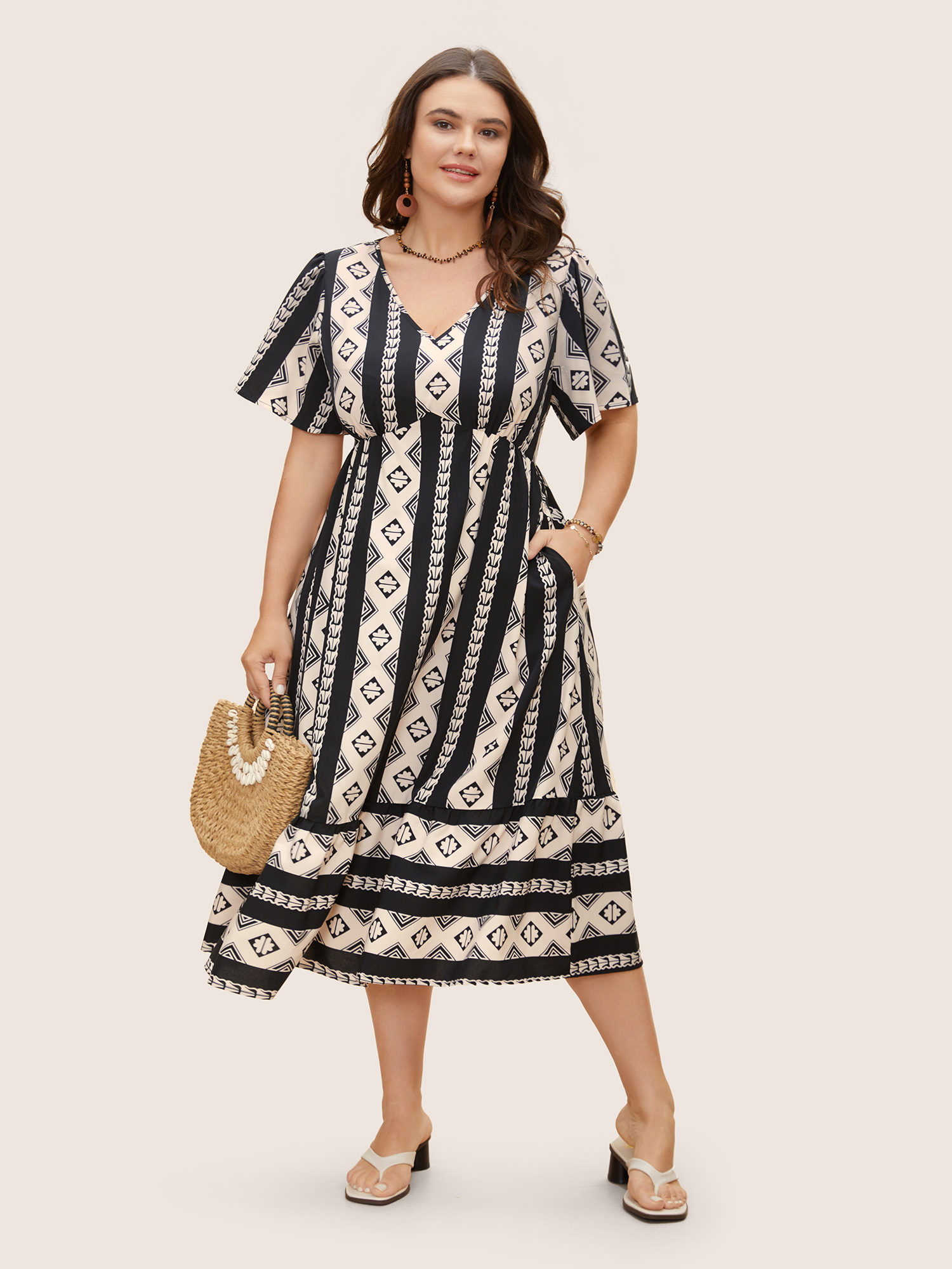 

Plus Size Bandana Geometric Flutter Sleeve Midi Dress Black Women Resort Ruffles V-neck Short sleeve Curvy BloomChic