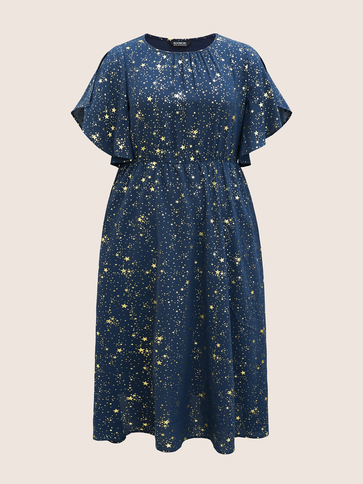 

Plus Size Glitter Star Split Sleeve Midi Dress DarkBlue Women Elegant Gathered Round Neck Short sleeve Curvy BloomChic