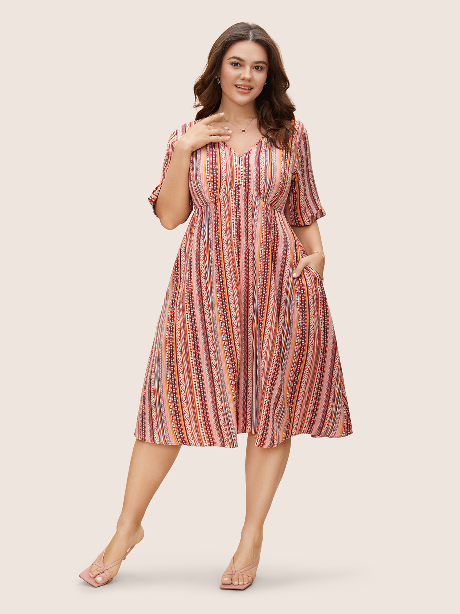 

Plus Size Bandana Striped V Neck Midi Dress Crimson Women Elegant Non V-neck Short sleeve Curvy BloomChic