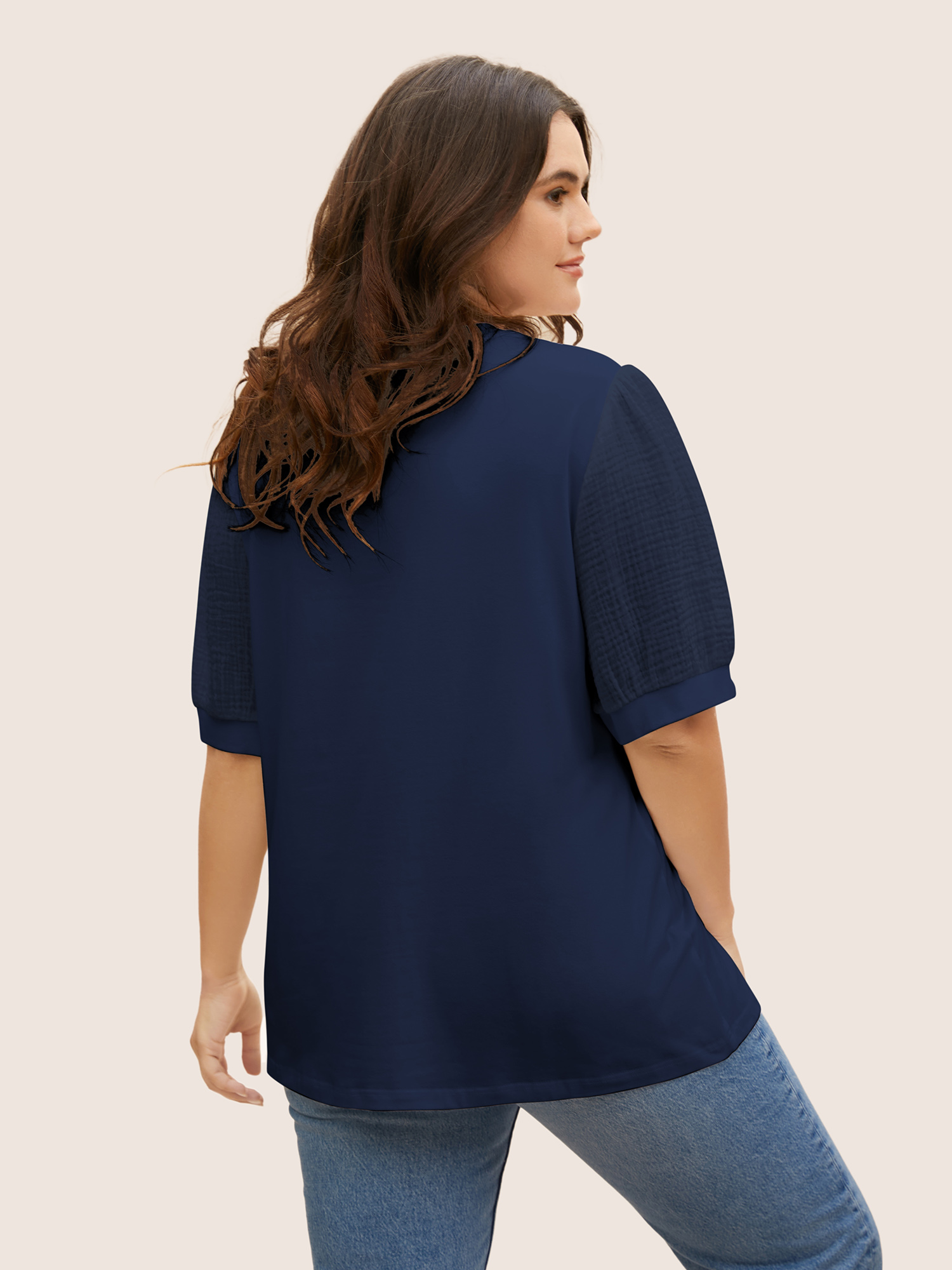 

Plus Size Plain Textured Patchwork Lantern Sleeve T-shirt Midnight Women Casual Texture Round Neck Everyday T-shirts BloomChic