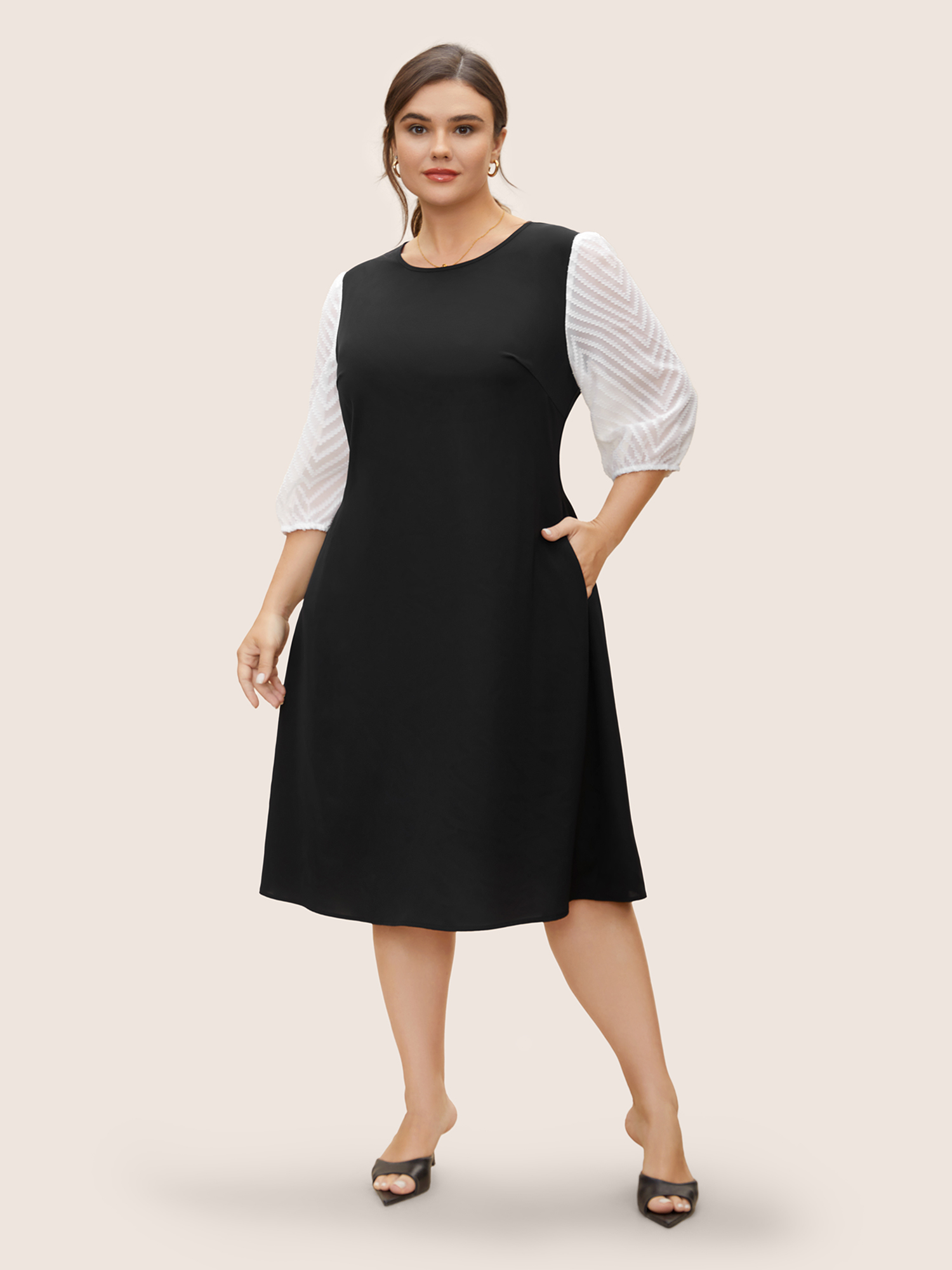 

Plus Size Crew Neck Patchwork Lantern Sleeve Dress Black Women Work From Home Texture Round Neck Long Sleeve Curvy BloomChic