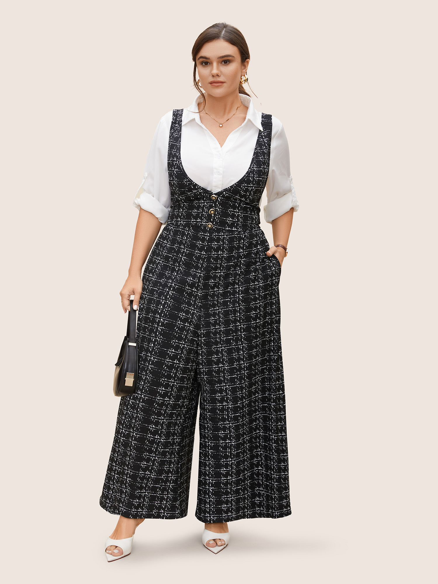 

Plus Size Black Plaid Tweed Crisscross Back Button Detail Jumpsuit Women Work From Home Sleeveless Non Work Loose Jumpsuits BloomChic