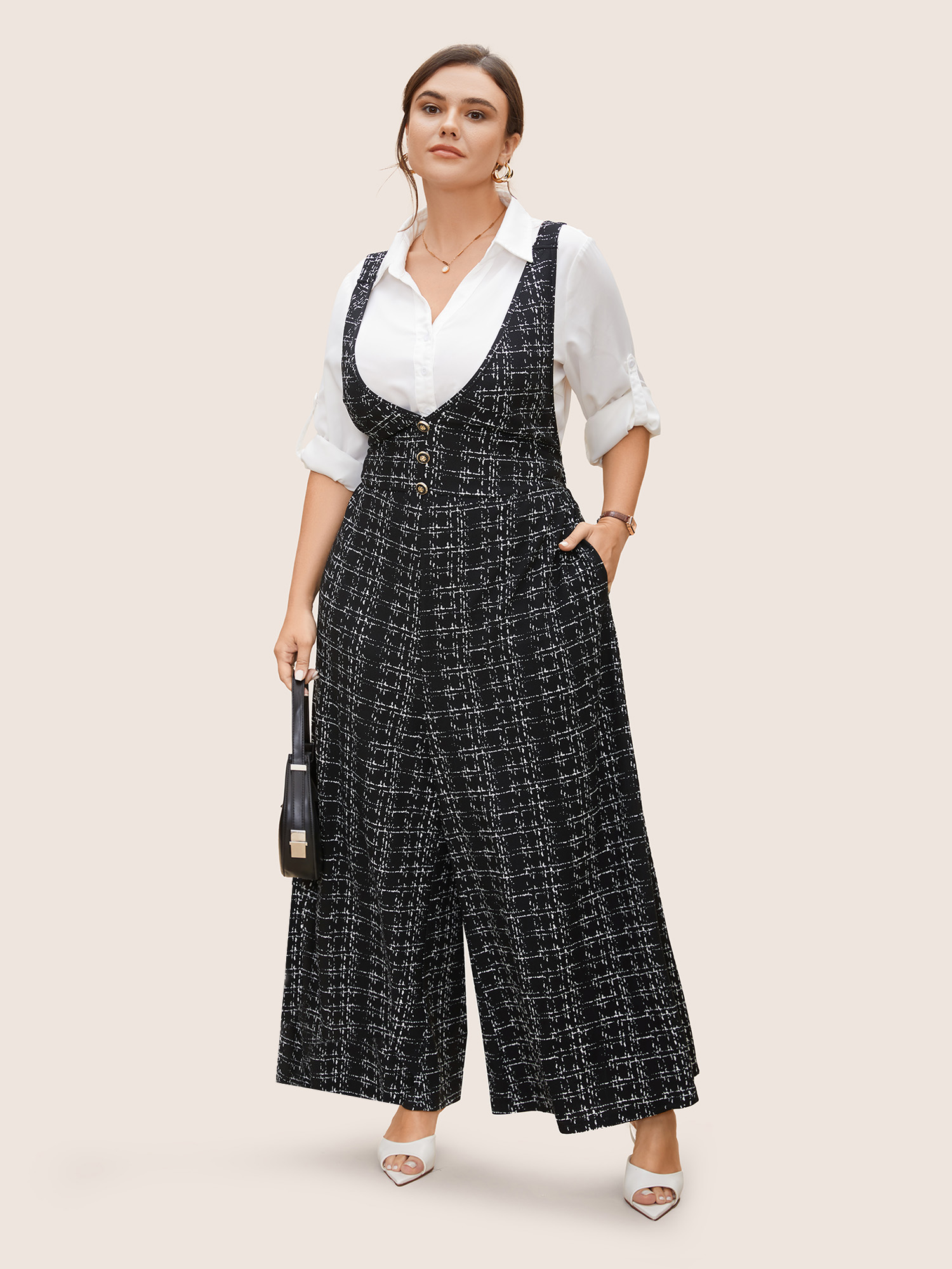 

Plus Size Black Plaid Tweed Crisscross Back Button Detail Jumpsuit Women Work From Home Sleeveless Non Work Loose Jumpsuits BloomChic