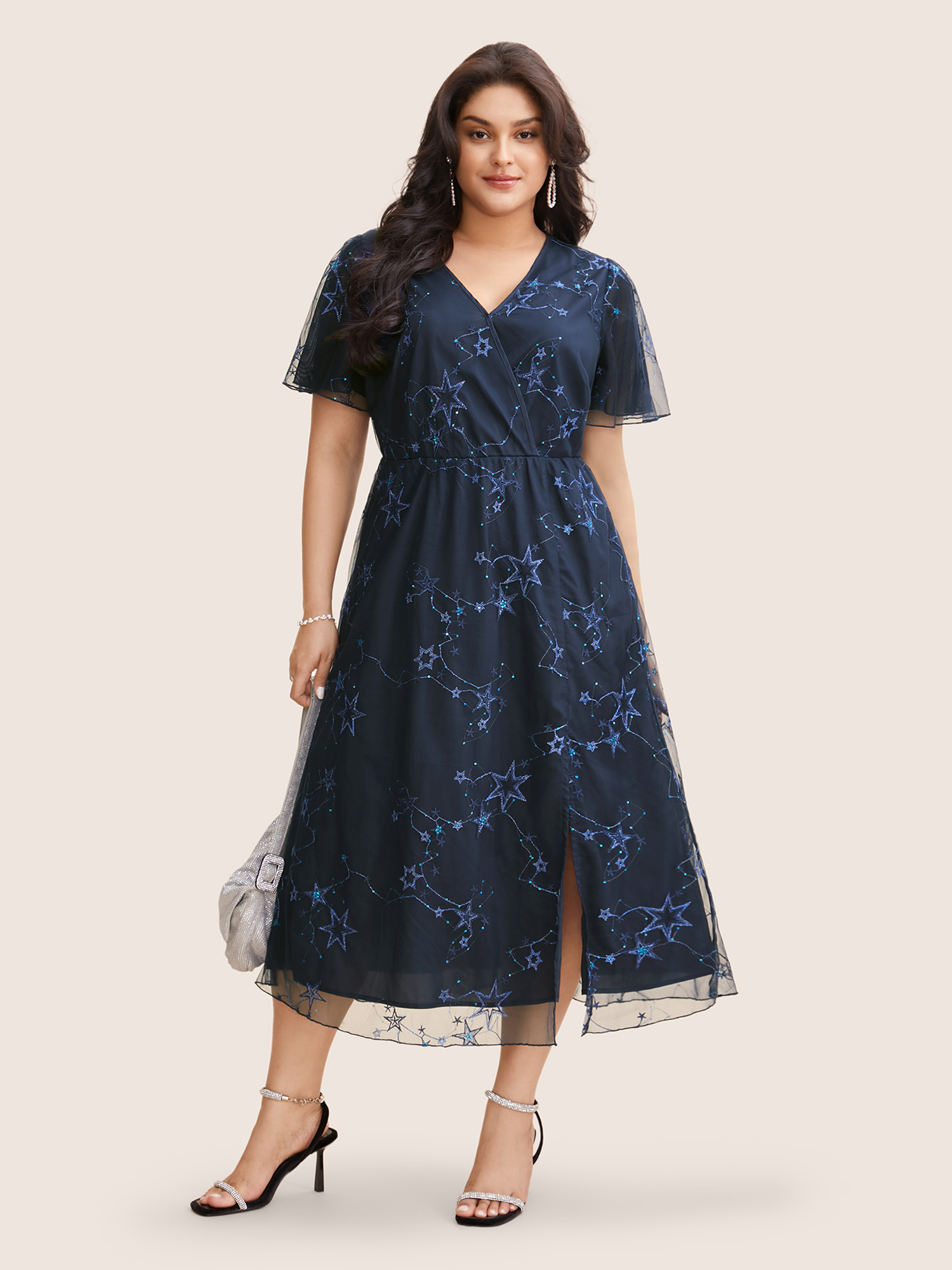 

Plus Size Star Embroidered Mesh Split Hem Dress DarkBlue Women Formal See through Overlap Collar Short sleeve Curvy BloomChic