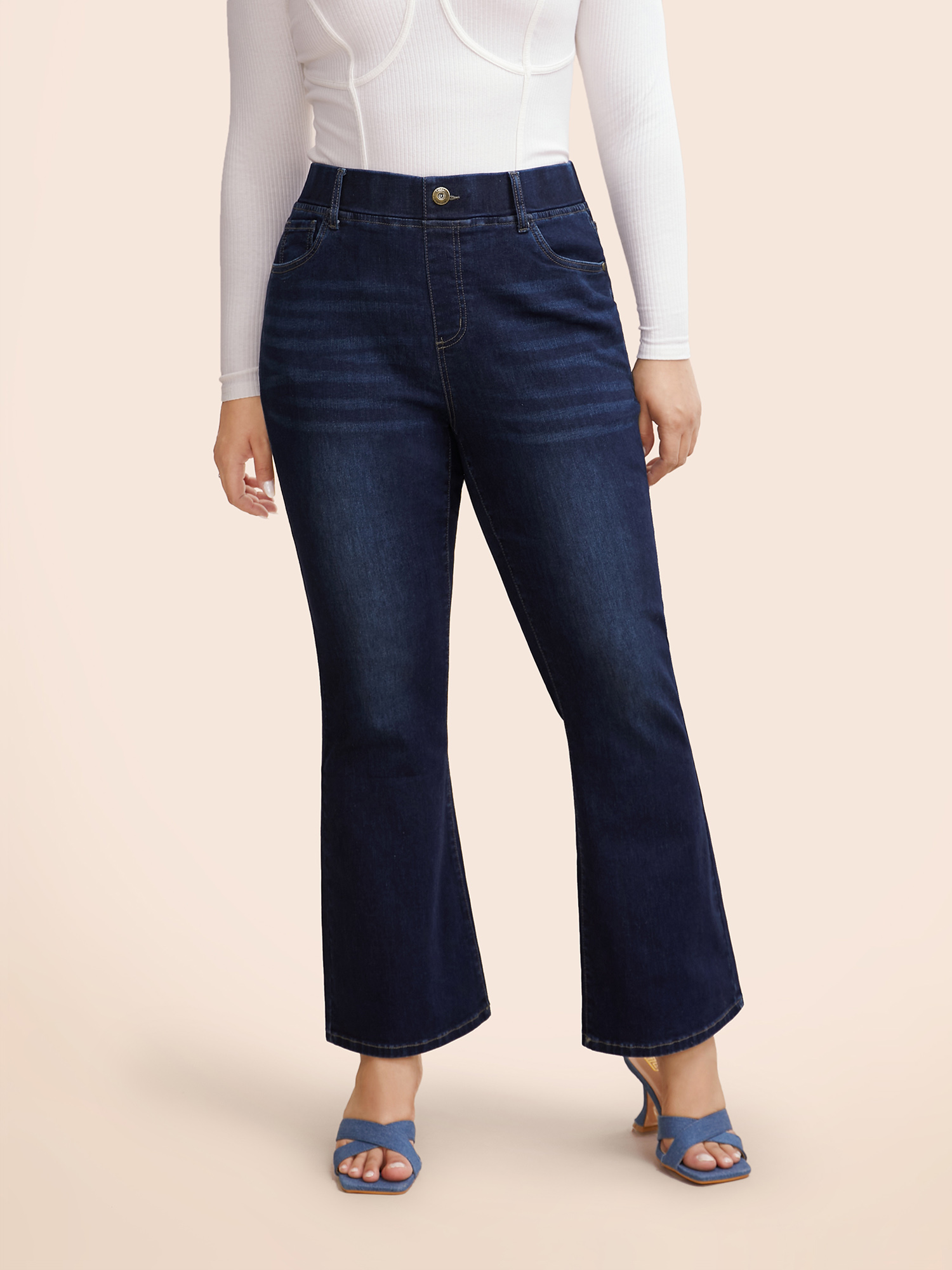 

Plus Size High Stretch Dark Wash Bootcut Jeans Women Denimindigo Casual Roll Hem High stretch Slanted pocket Jeans BloomChic