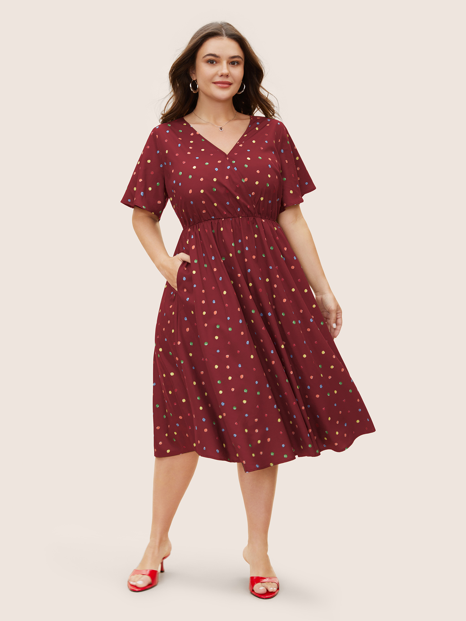 

Plus Size Colored Polka Dot Overlap Collar Midi Dress Scarlet Women Elegant Contrast Overlap Collar Short sleeve Curvy BloomChic