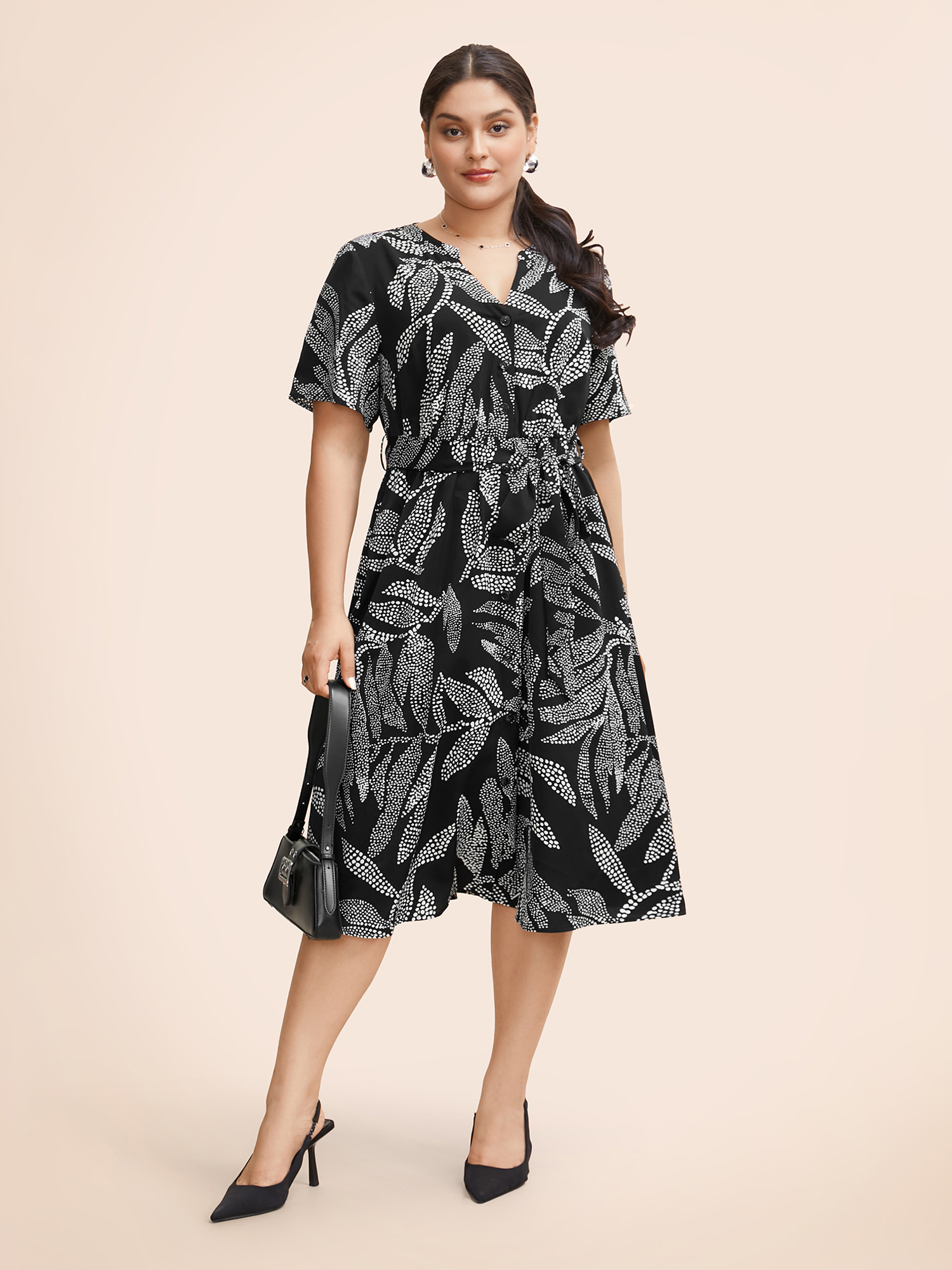 

Plus Size Tropical Print Notched Belted Midi Dress Black Women At the Office Belted Flat collar with V-notch Short sleeve Curvy BloomChic