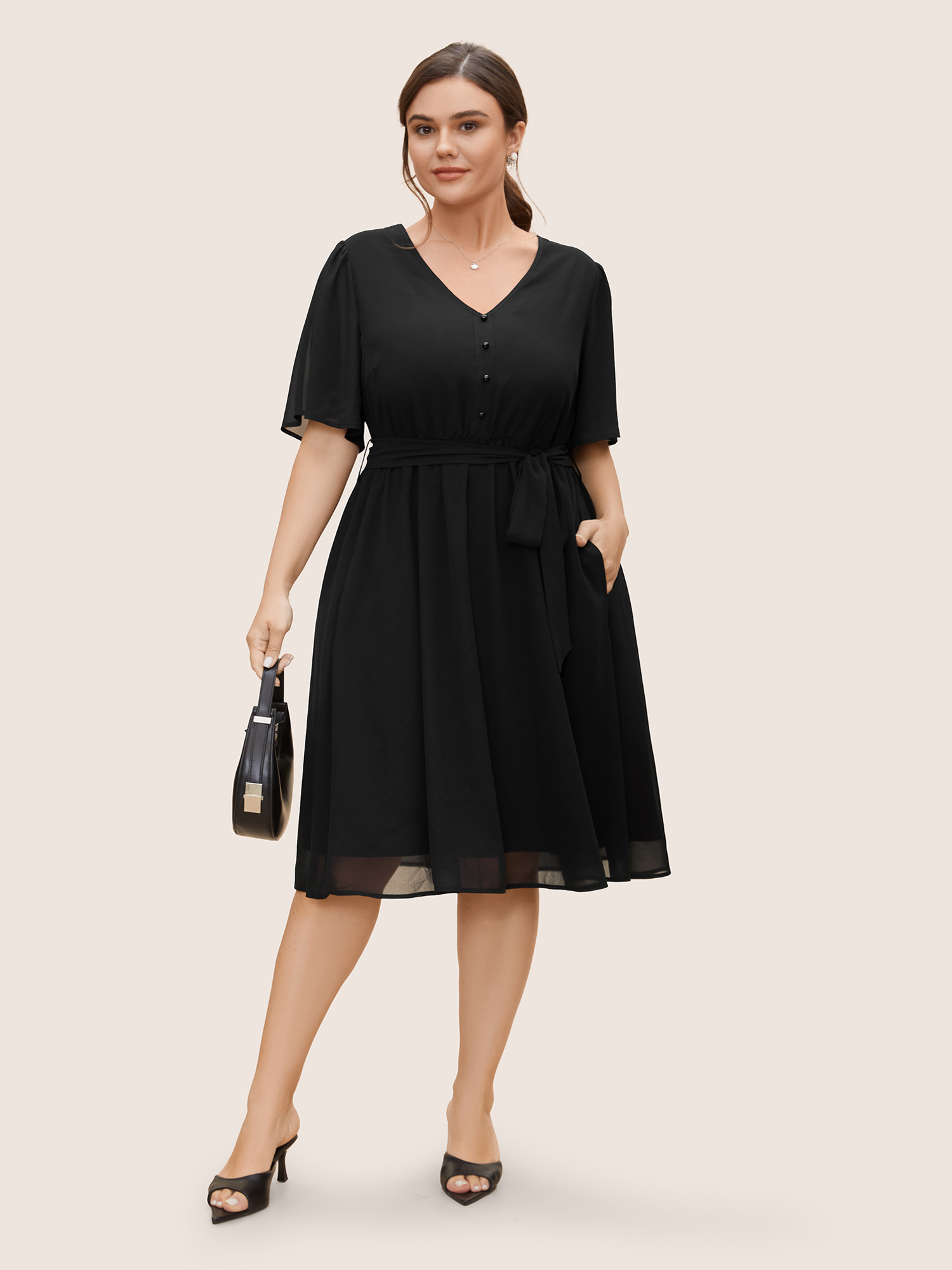 

Plus Size Chiffon Button Detail Flutter Sleeve Dress Black Women At the Office See through V-neck Half Sleeve Curvy BloomChic