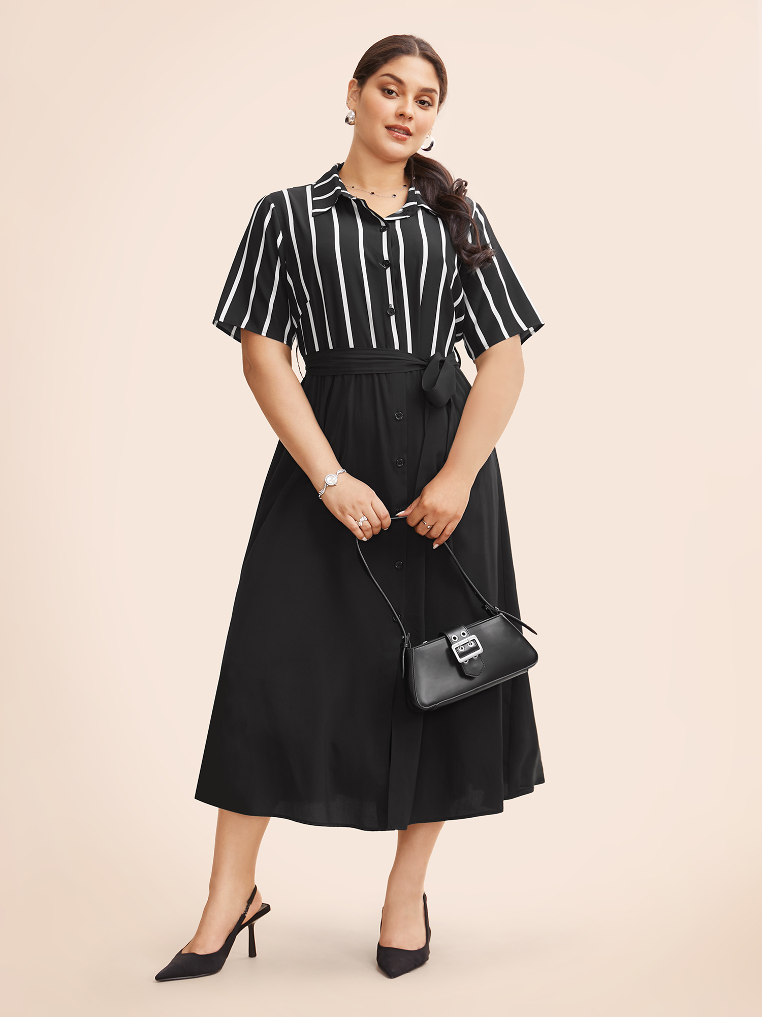 

Plus Size Shirt Collar Striped Patchwork Button Up Dress Black Women At the Office Belted Shirt collar Short sleeve Curvy BloomChic