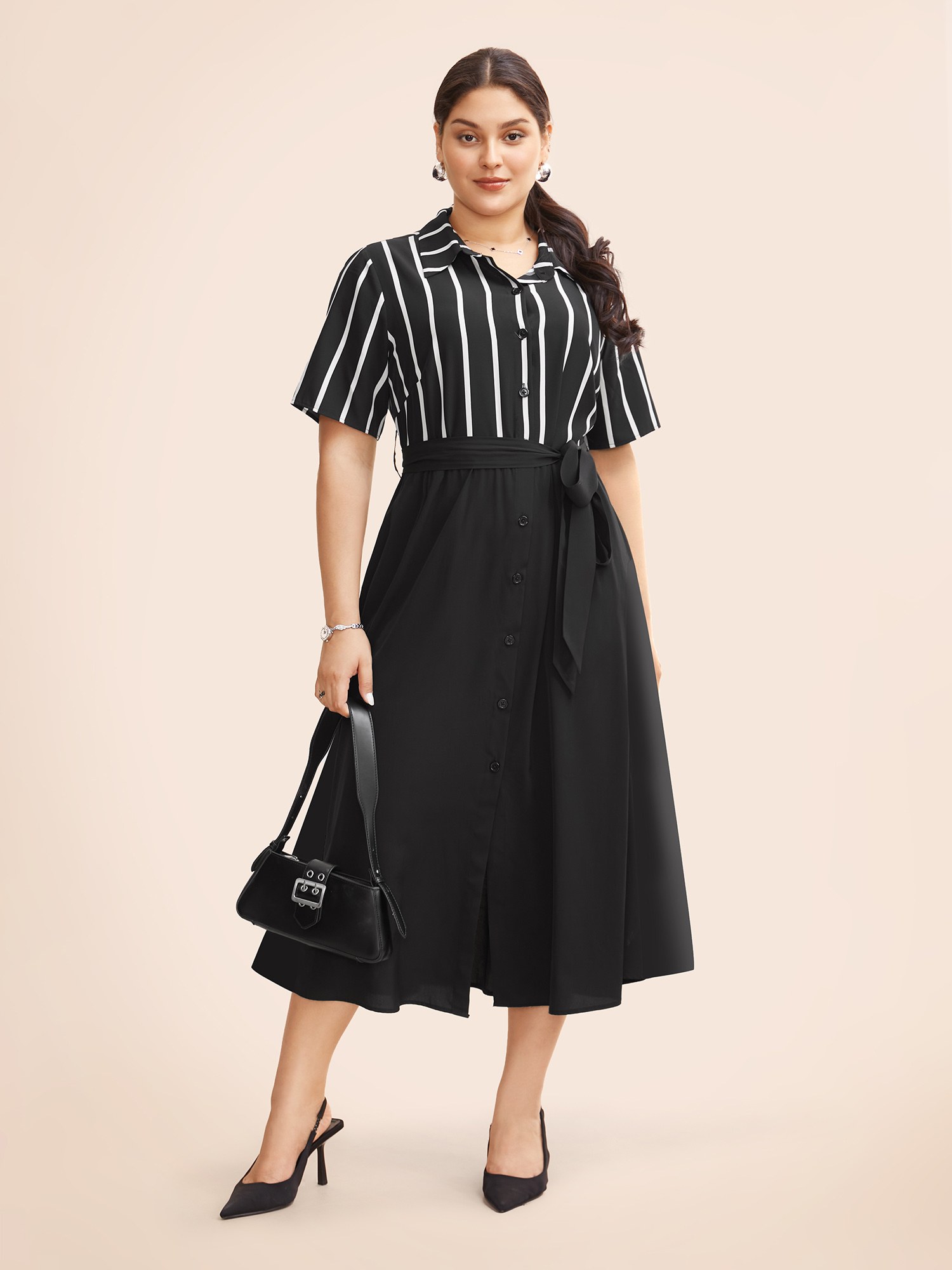 

Plus Size Shirt Collar Striped Patchwork Button Up Dress Black Women At the Office Belted Shirt collar Short sleeve Curvy BloomChic