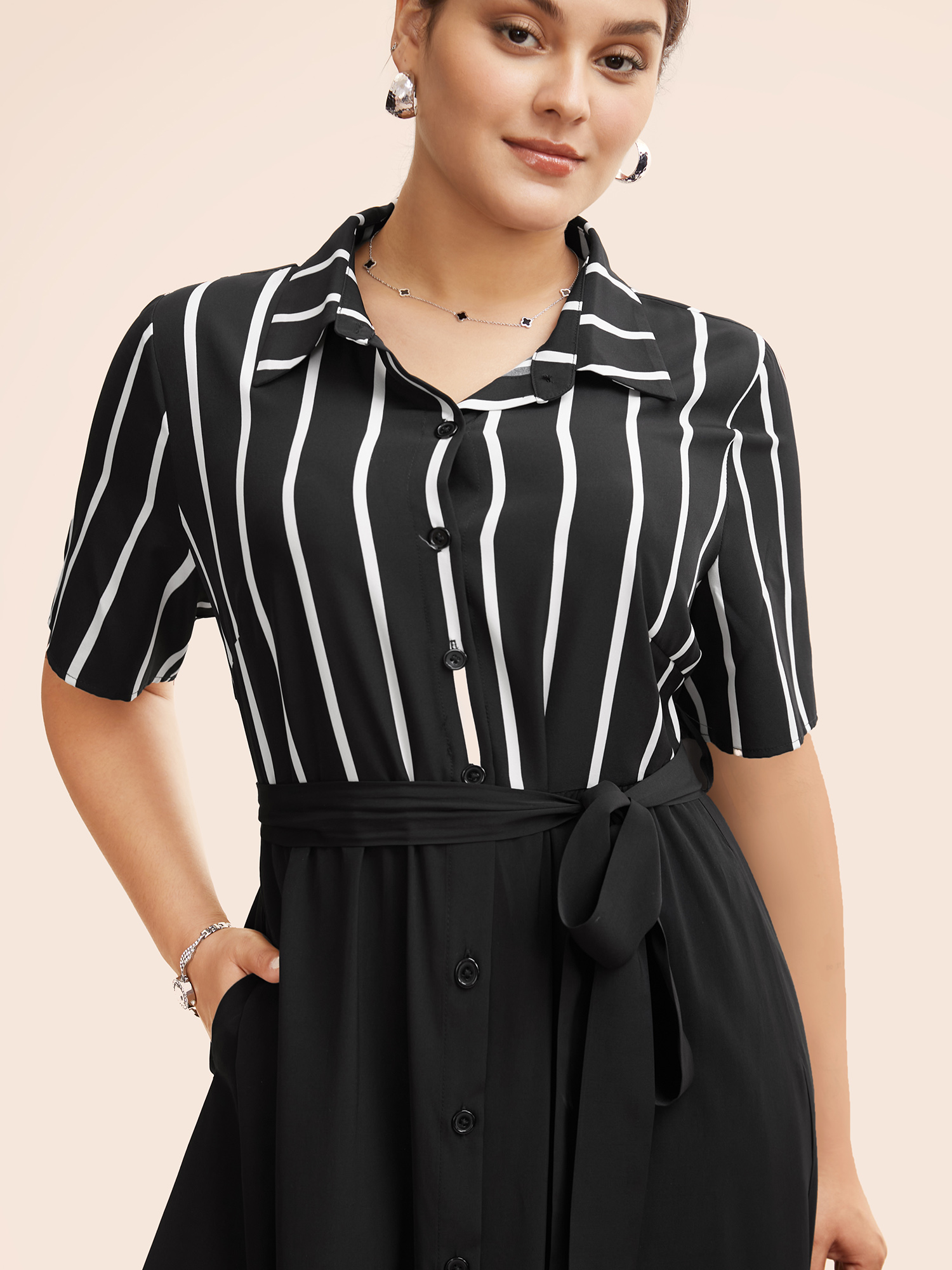 

Plus Size Shirt Collar Striped Patchwork Button Up Dress Black Women At the Office Belted Shirt collar Short sleeve Curvy BloomChic