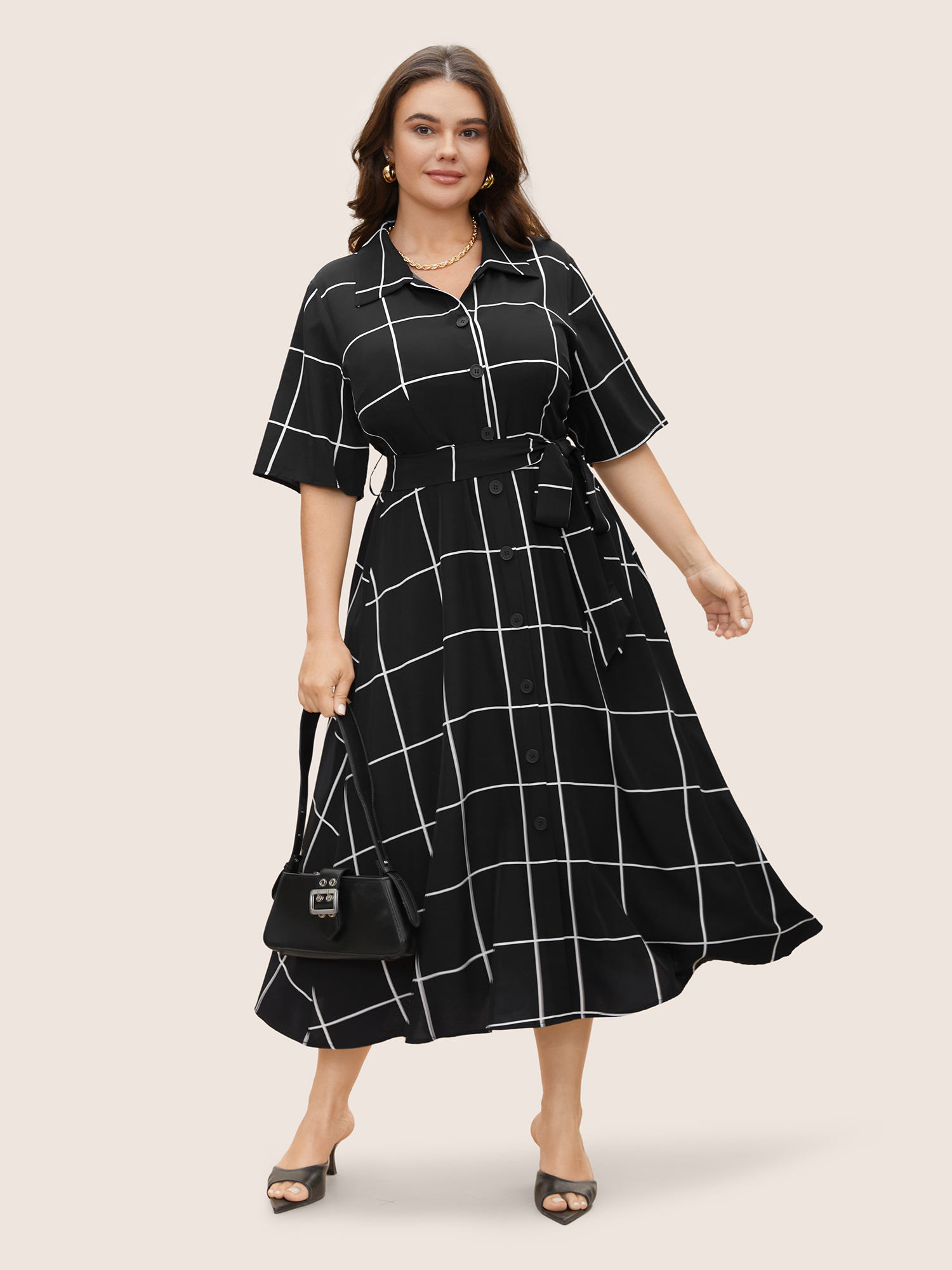 

Plus Size Plaid Shirt Collar Button Detail Belted Dress Black Women At the Office Belted Shirt collar Half Sleeve Curvy BloomChic