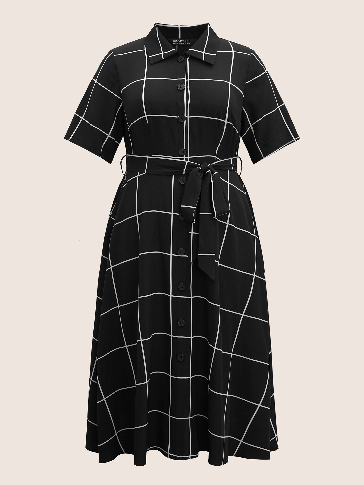 

Plus Size Plaid Shirt Collar Button Detail Belted Dress Black Women At the Office Belted Shirt collar Half Sleeve Curvy BloomChic