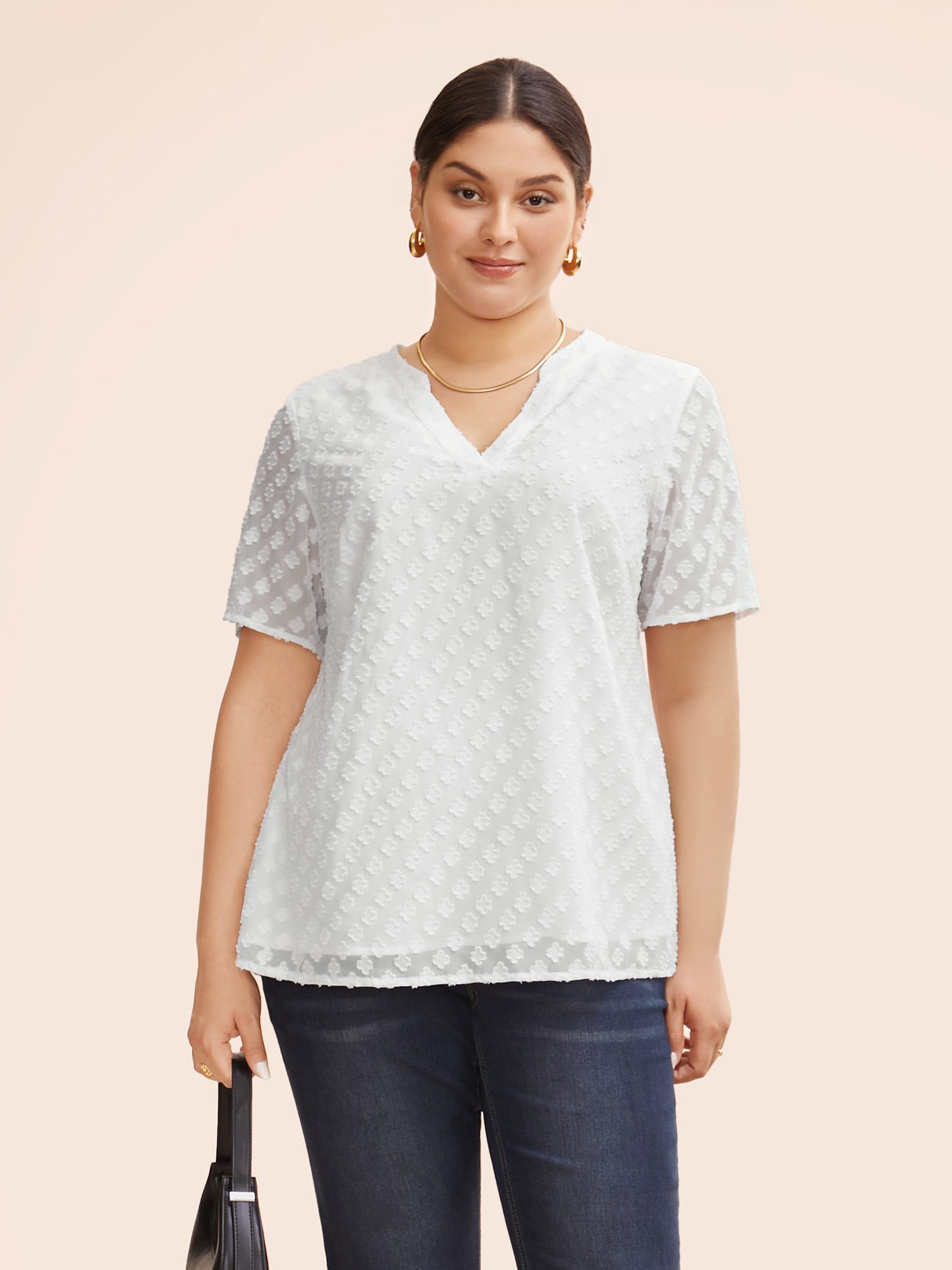 

Plus Size Originalwhite Jacquard Notched Tiered Mesh Blouse Women Work From Home Half Sleeve Flat collar with V-notch Work Blouses BloomChic