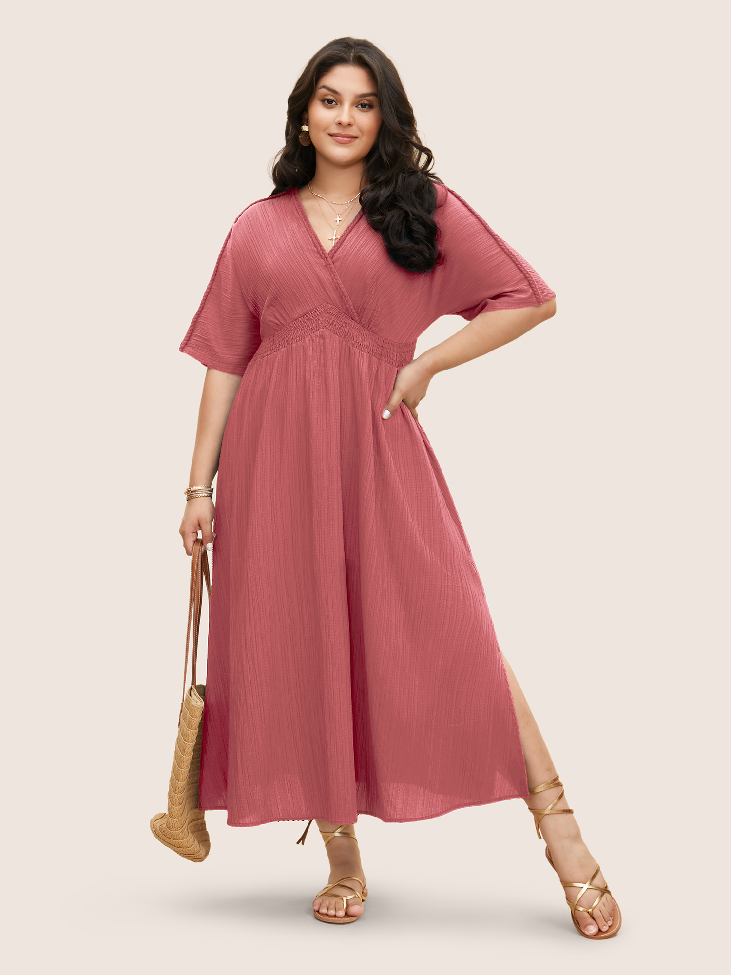 

Plus Size V Neck Shirred Contrast Webbing Split Side Dress Blush Women Resort Texture V-neck Half Sleeve Curvy BloomChic