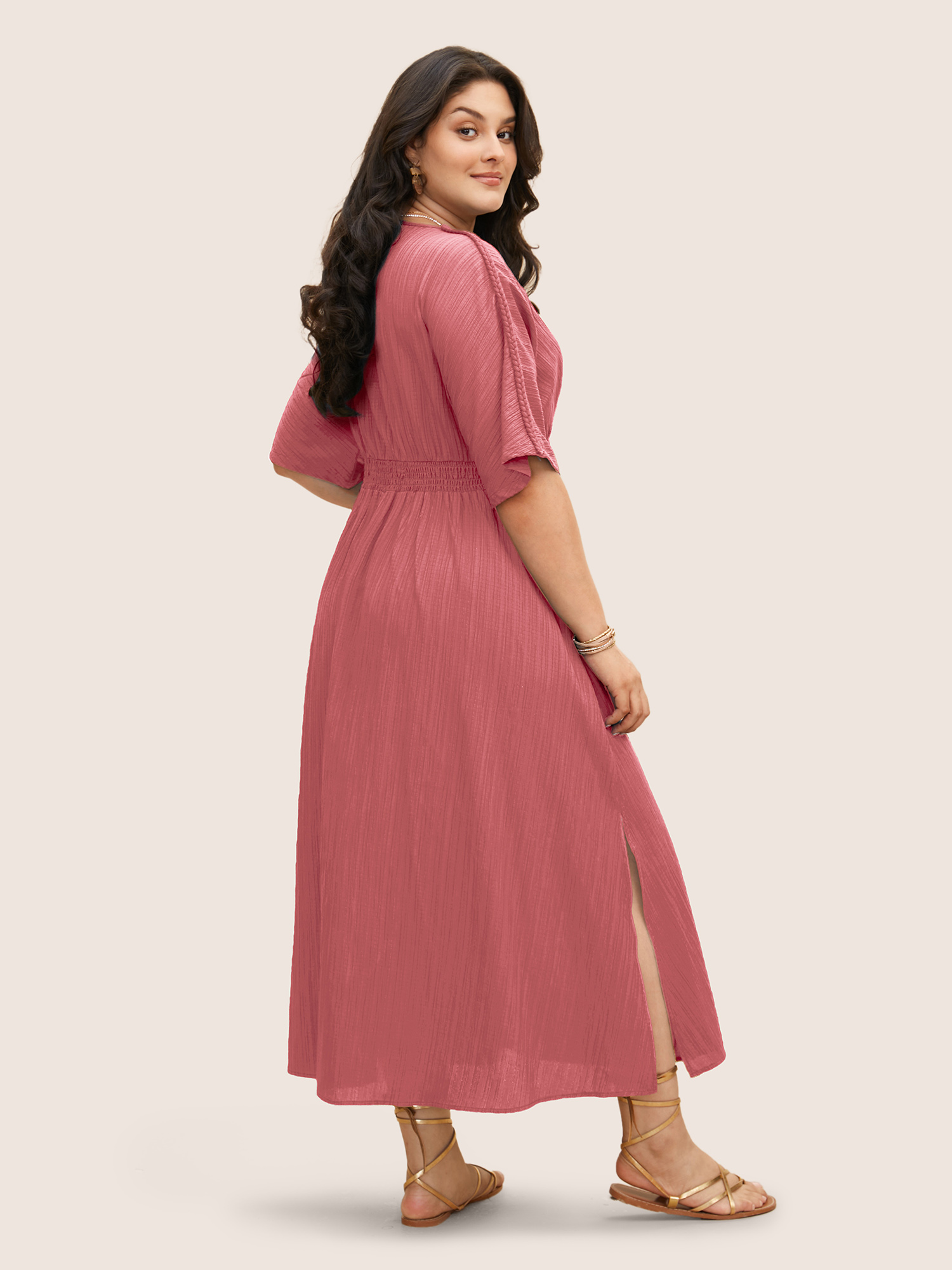 

Plus Size V Neck Shirred Contrast Webbing Split Side Dress Blush Women Resort Texture V-neck Half Sleeve Curvy BloomChic