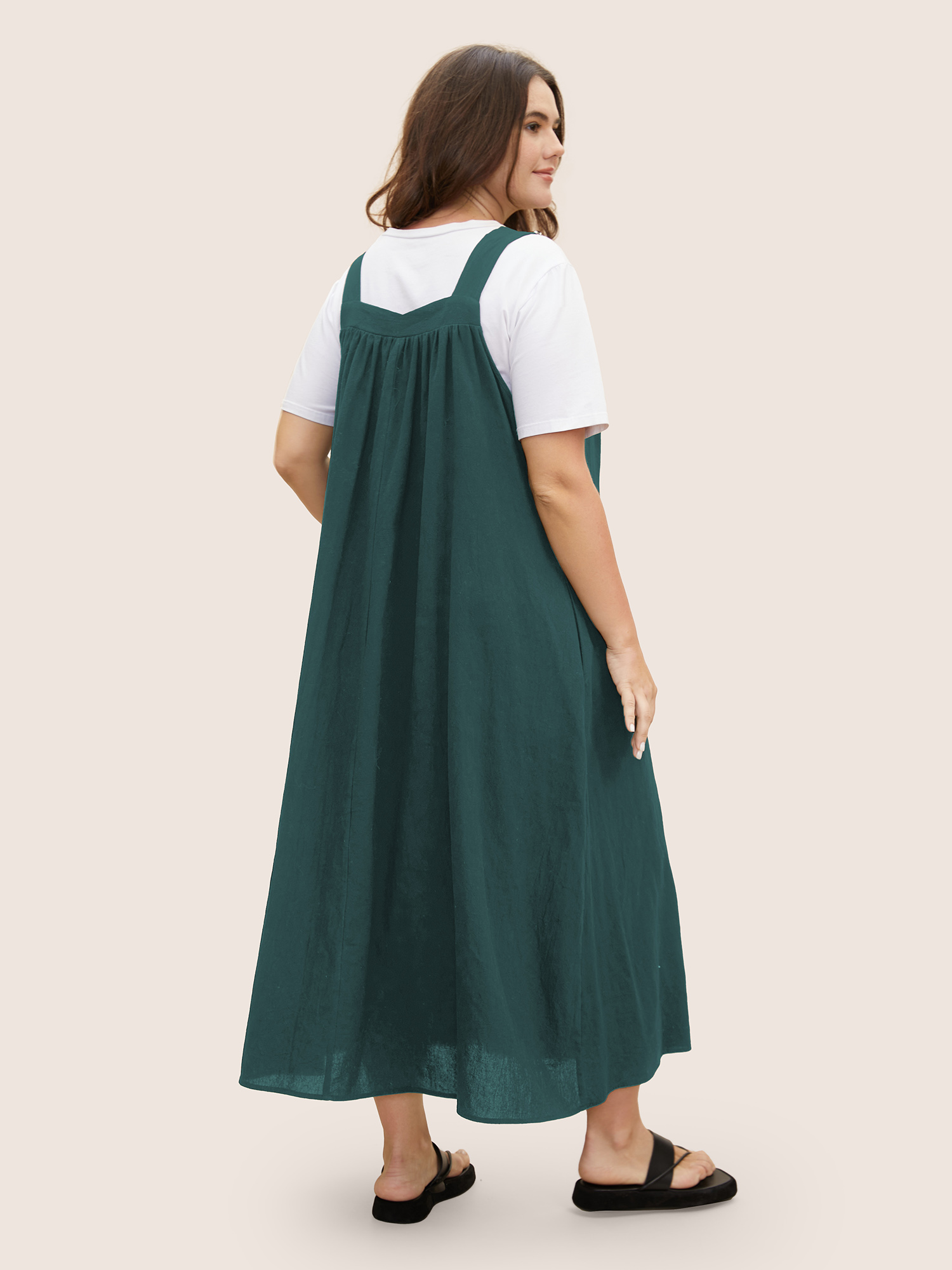 

Plus Size Cotton Solid Adjustable Straps Pocket Midi Dress Teal Women Casual Gathered Non Sleeveless Curvy BloomChic