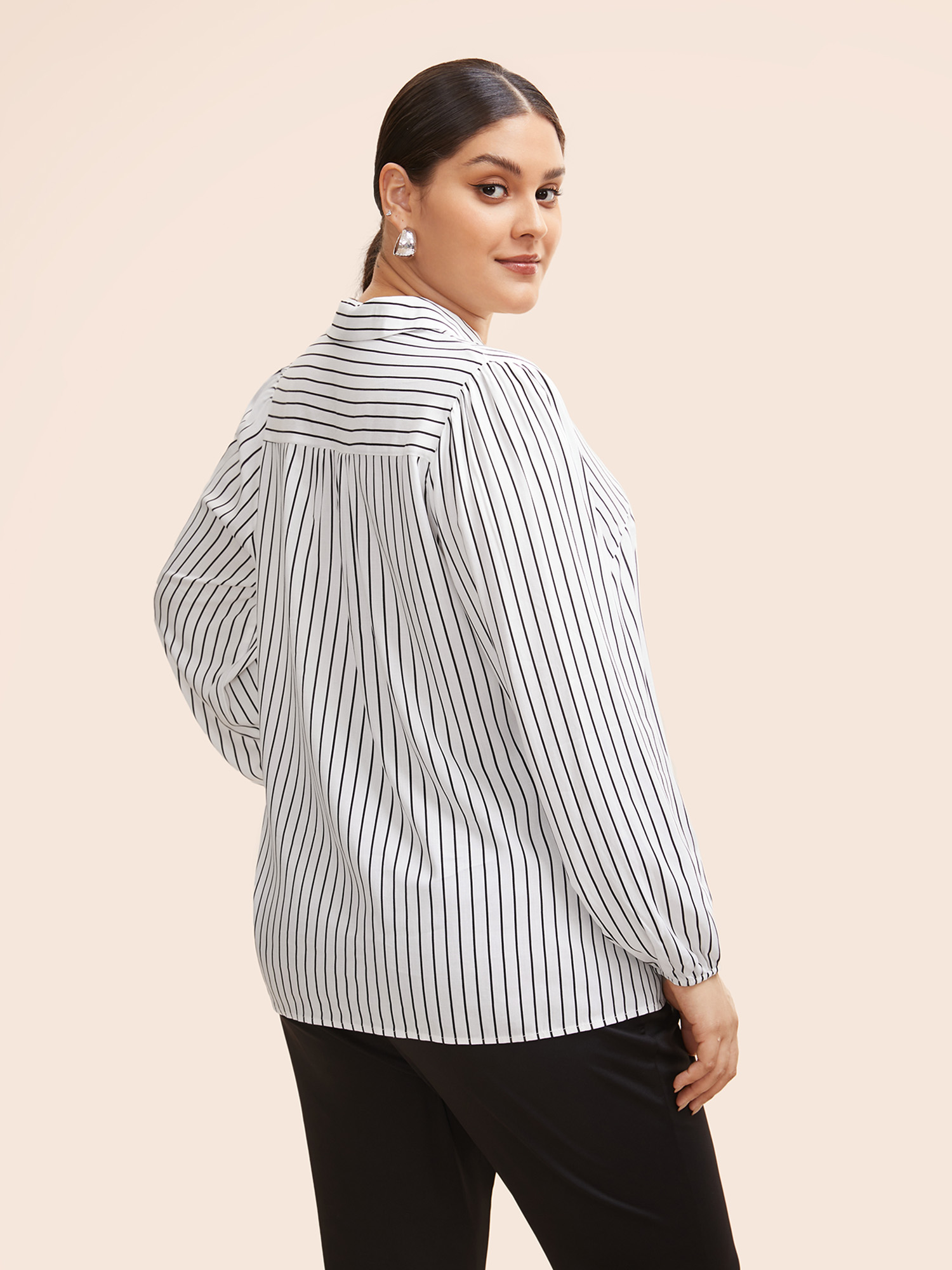 

Plus Size WhiteSmoke Striped Lapel Collar Lantern Sleeve Blouse Women Workwear Essentials Long Sleeve V-neck Work Blouses BloomChic