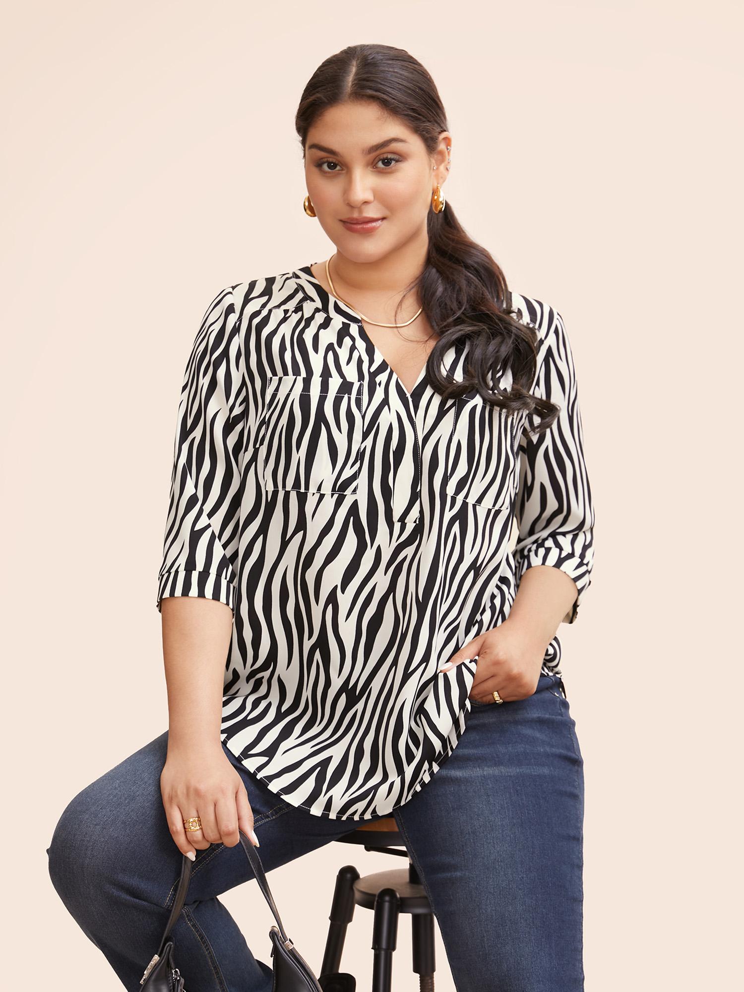 

Plus Size Beige Zebra Print Notched Patched Pocket Blouse Women Workwear Essentials Elbow-length sleeve V-neck Work Blouses BloomChic