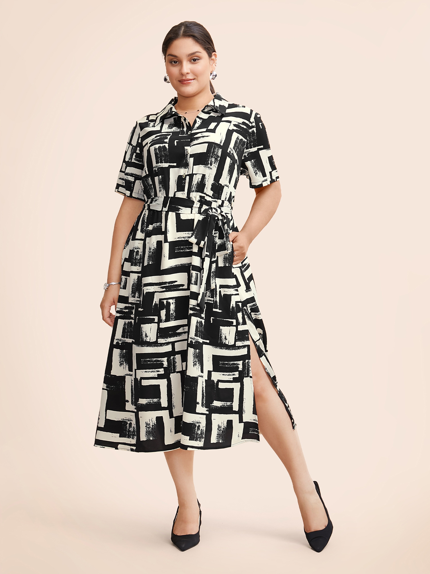 

Plus Size Shirt Collar Colorblock Contrast Midi Dress Black Women At the Office Belted Shirt collar Short sleeve Curvy BloomChic