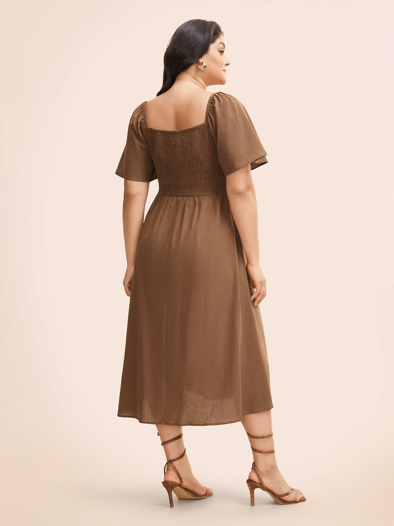 

Plus Size Cotton Square Neck Shirred Ruffle Sleeve Split Hem Dress Browncoffeecolor Women Casual Gathered Square Neck Short sleeve Curvy BloomChic