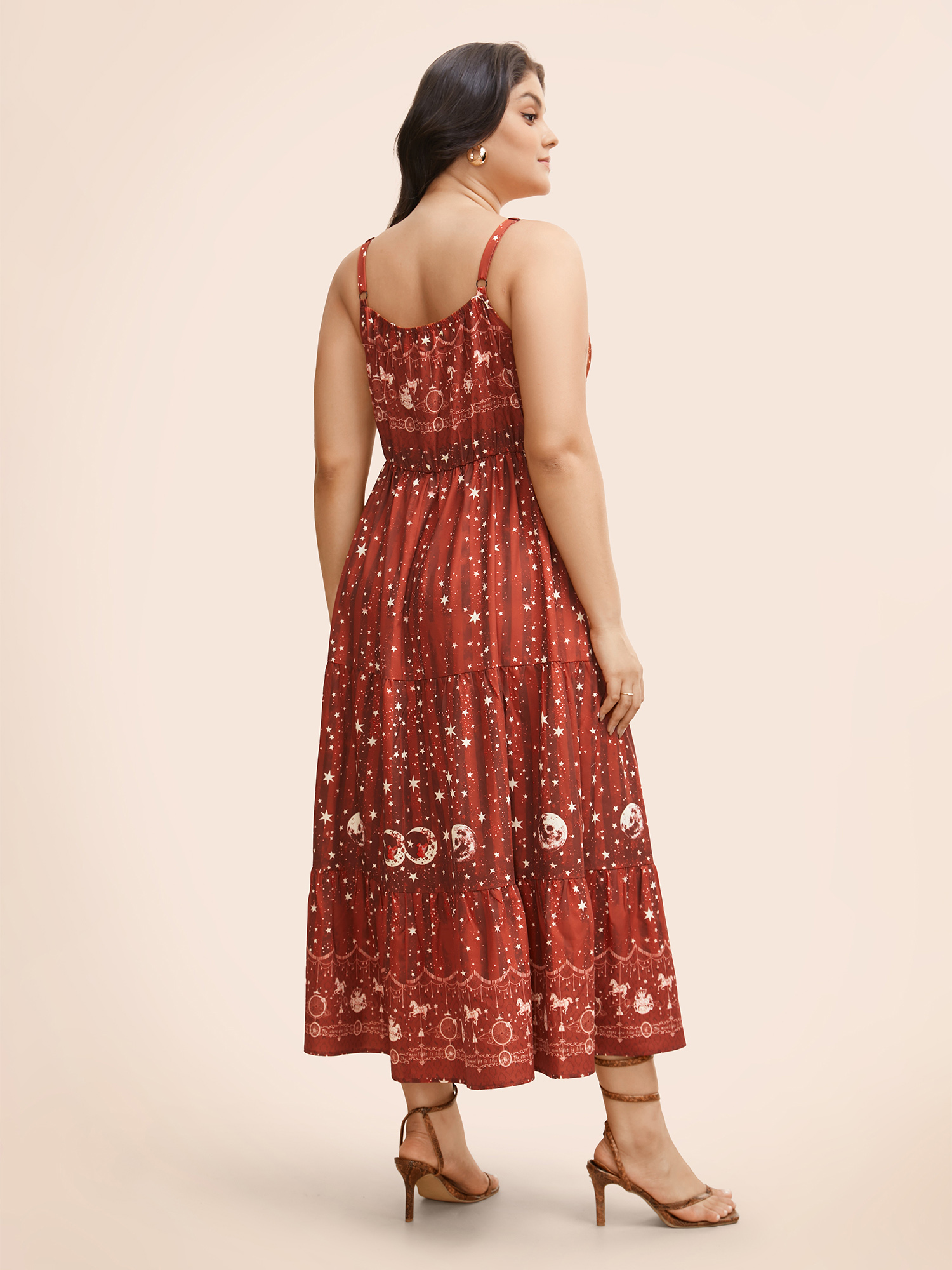 Plus Size Star & Moon Print Elastic Waist Maxi Cami Dress Burgundy Women Resort Patchwork Non Sleeveless Curvy BloomChic 26/4X 