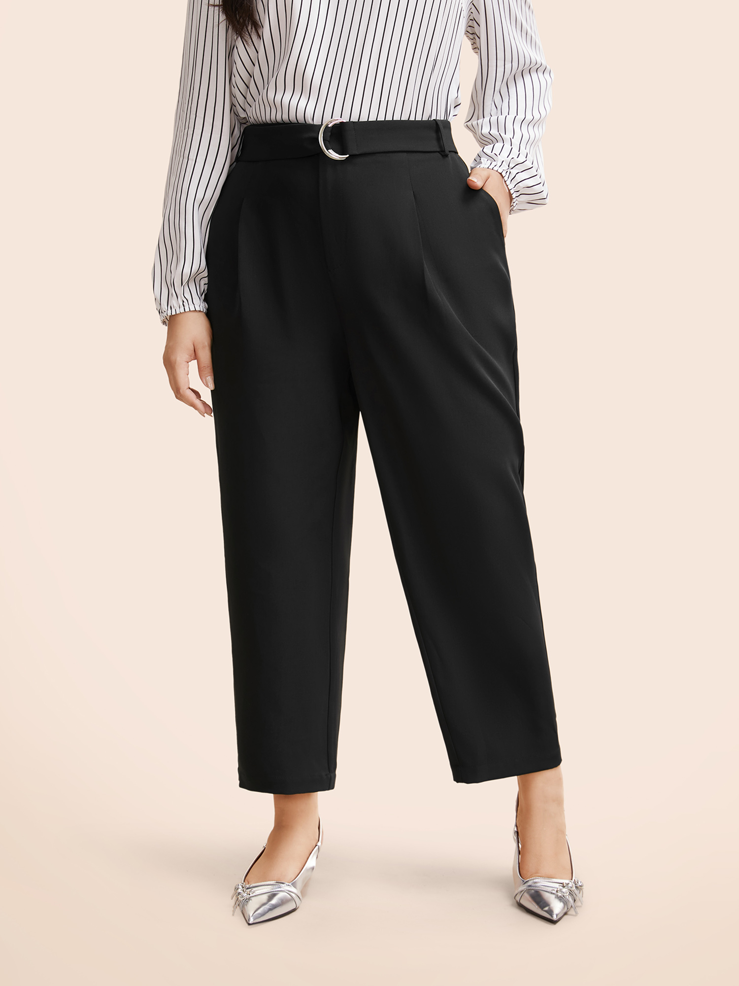

Plus Size Mid Pleated Rise Belted Pants Women Black At the Office Mid Rise Work Pants BloomChic