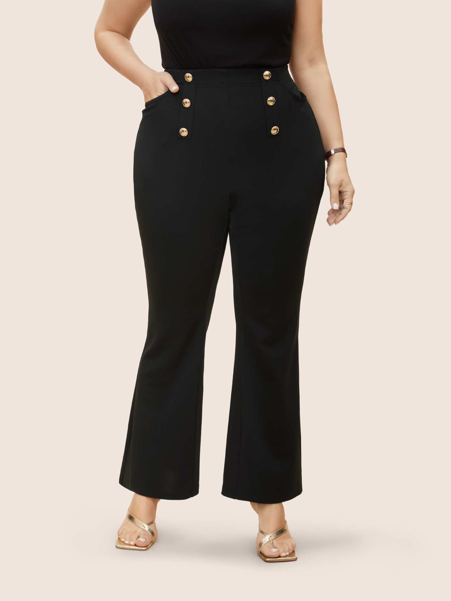 

Plus Size Metal Detail Double Breasted Bootcut Pants Women Black At the Office Bootcut Mid Rise Work Pants BloomChic