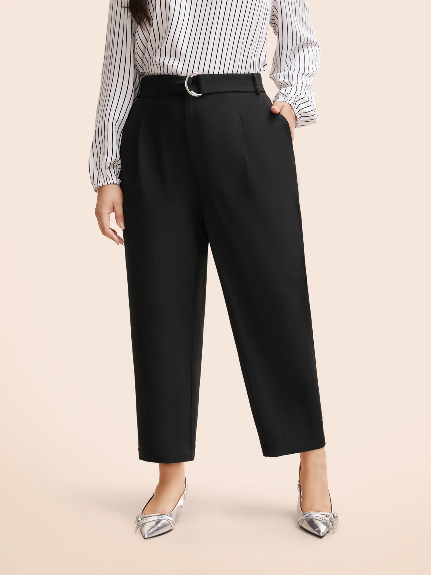 

Plus Size Mid Pleated Rise Belted Pants Women Black At the Office Mid Rise Work Pants BloomChic