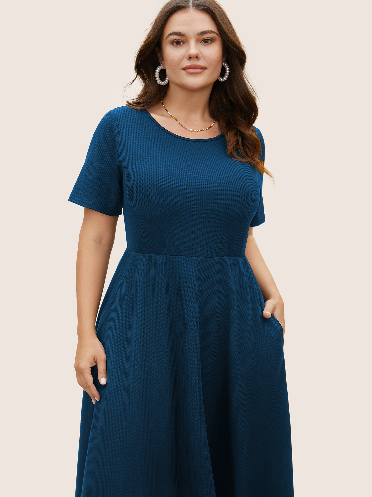 Plus Size Round Neck Contrast Back Bowknot Midi Dress DarkBlue Women Elegant Tie knot Round Neck Short sleeve Curvy BloomChic 18-20/2X 
