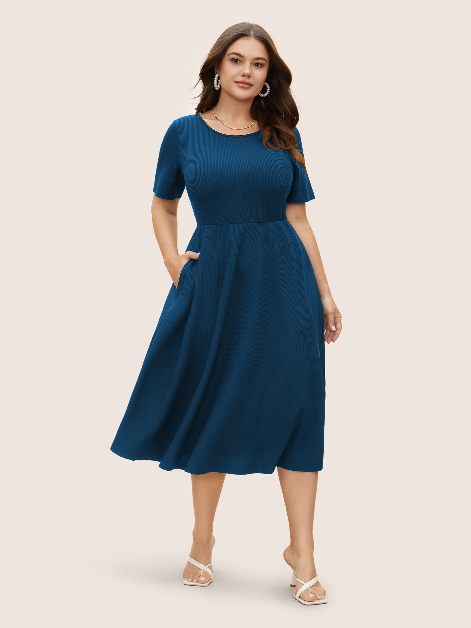 Plus Size Round Neck Contrast Back Bowknot Midi Dress DarkBlue Women Elegant Tie knot Round Neck Short sleeve Curvy BloomChic 18-20/2X 