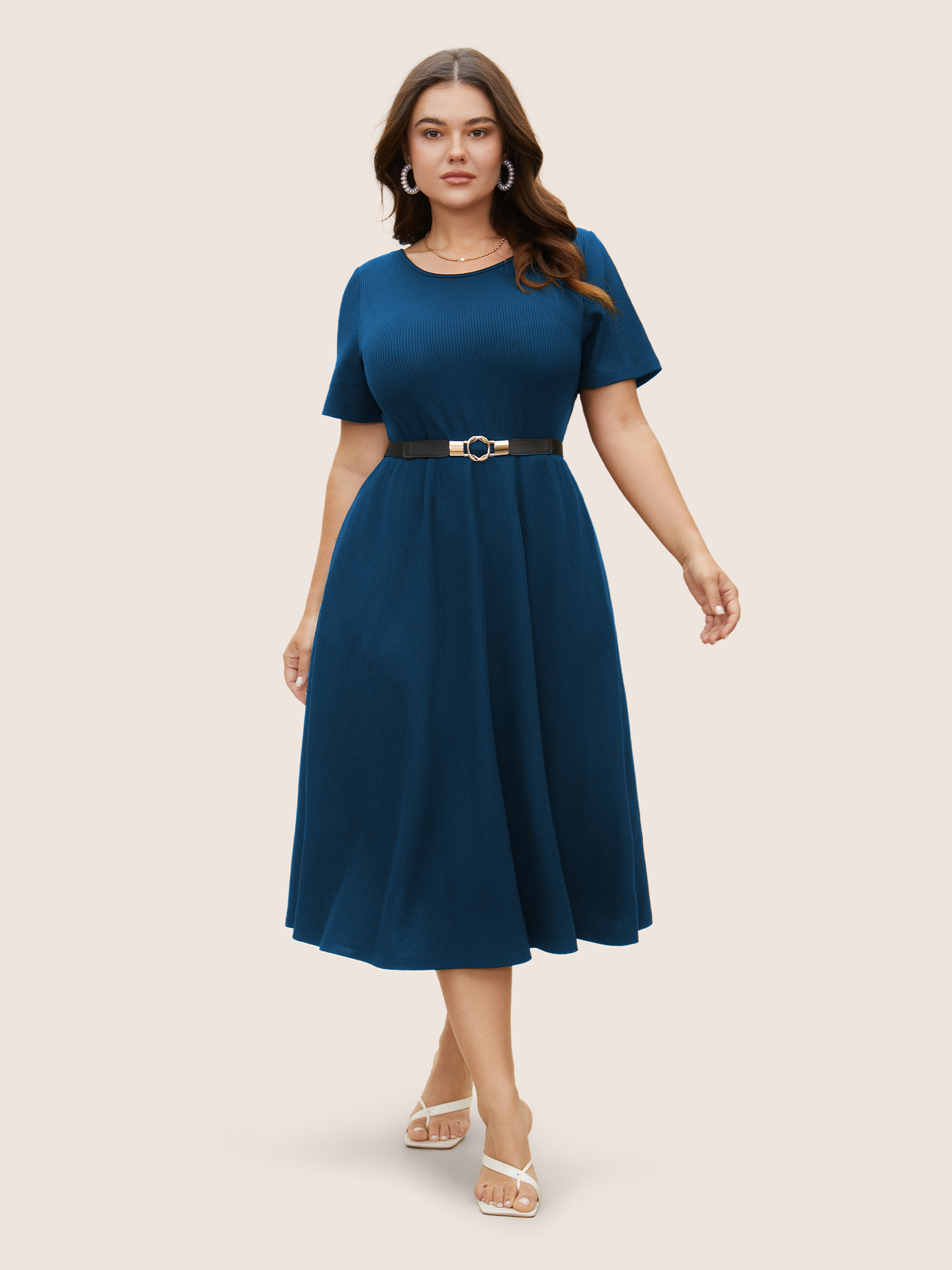 Plus Size Round Neck Contrast Back Bowknot Midi Dress DarkBlue Women Elegant Tie knot Round Neck Short sleeve Curvy BloomChic 18-20/2X 