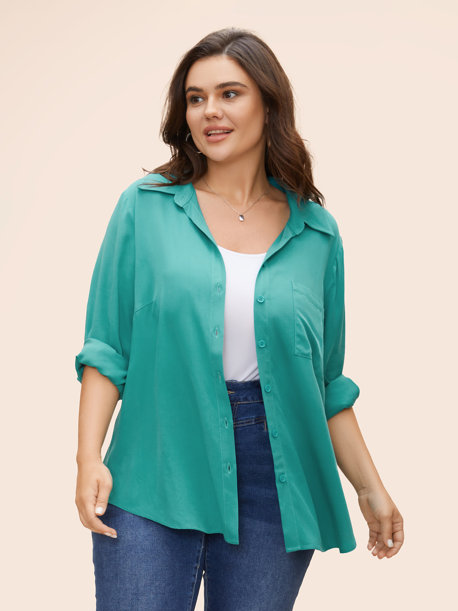 

Plus Size Turquoise Button Down Full-Sleeve Rayon Blouse Women Casual Long Sleeve Shirt collar Everyday Blouses BloomChic