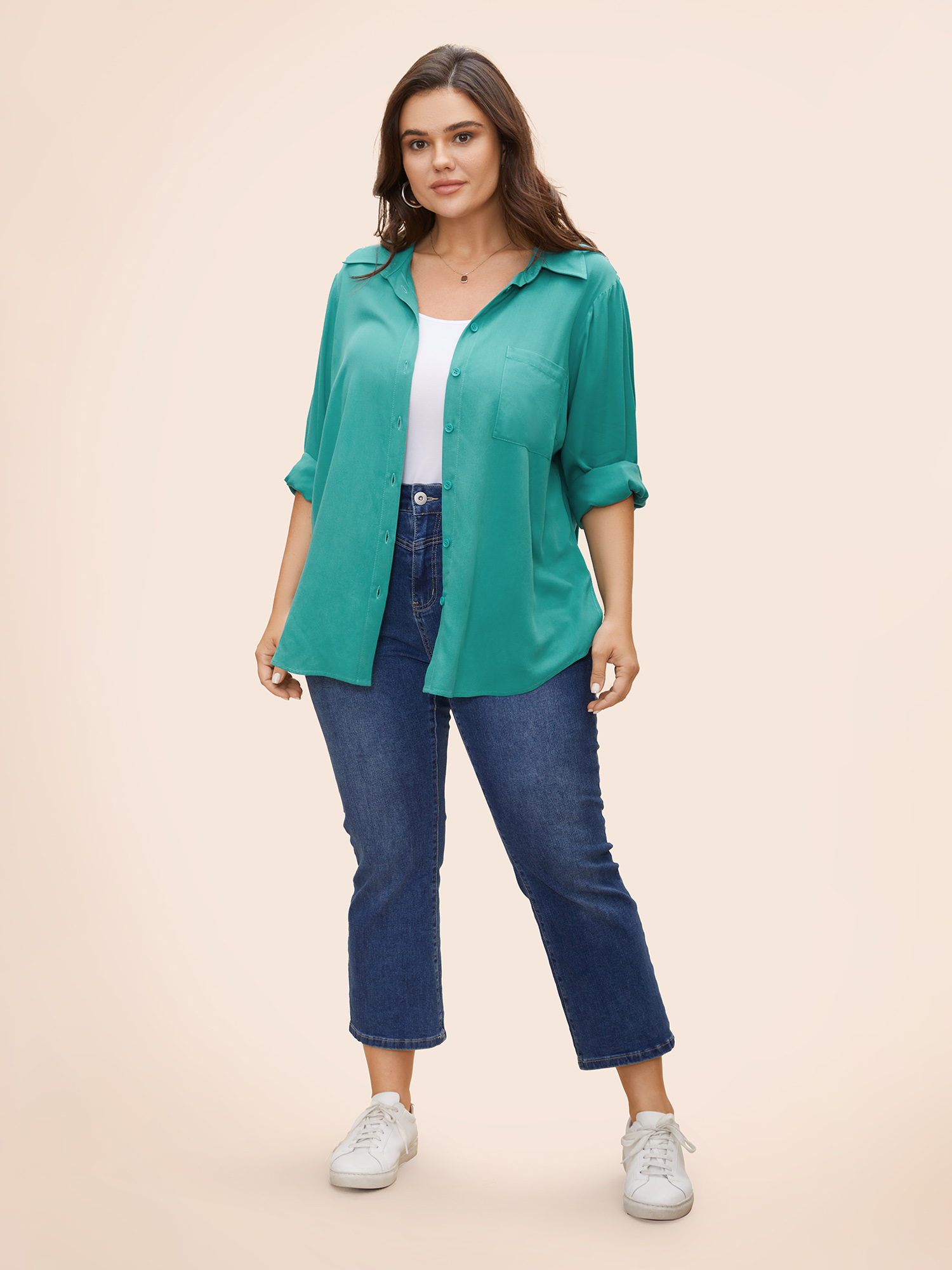 

Plus Size Turquoise Button Down Full-Sleeve Rayon Blouse Women Casual Long Sleeve Shirt collar Everyday Blouses BloomChic