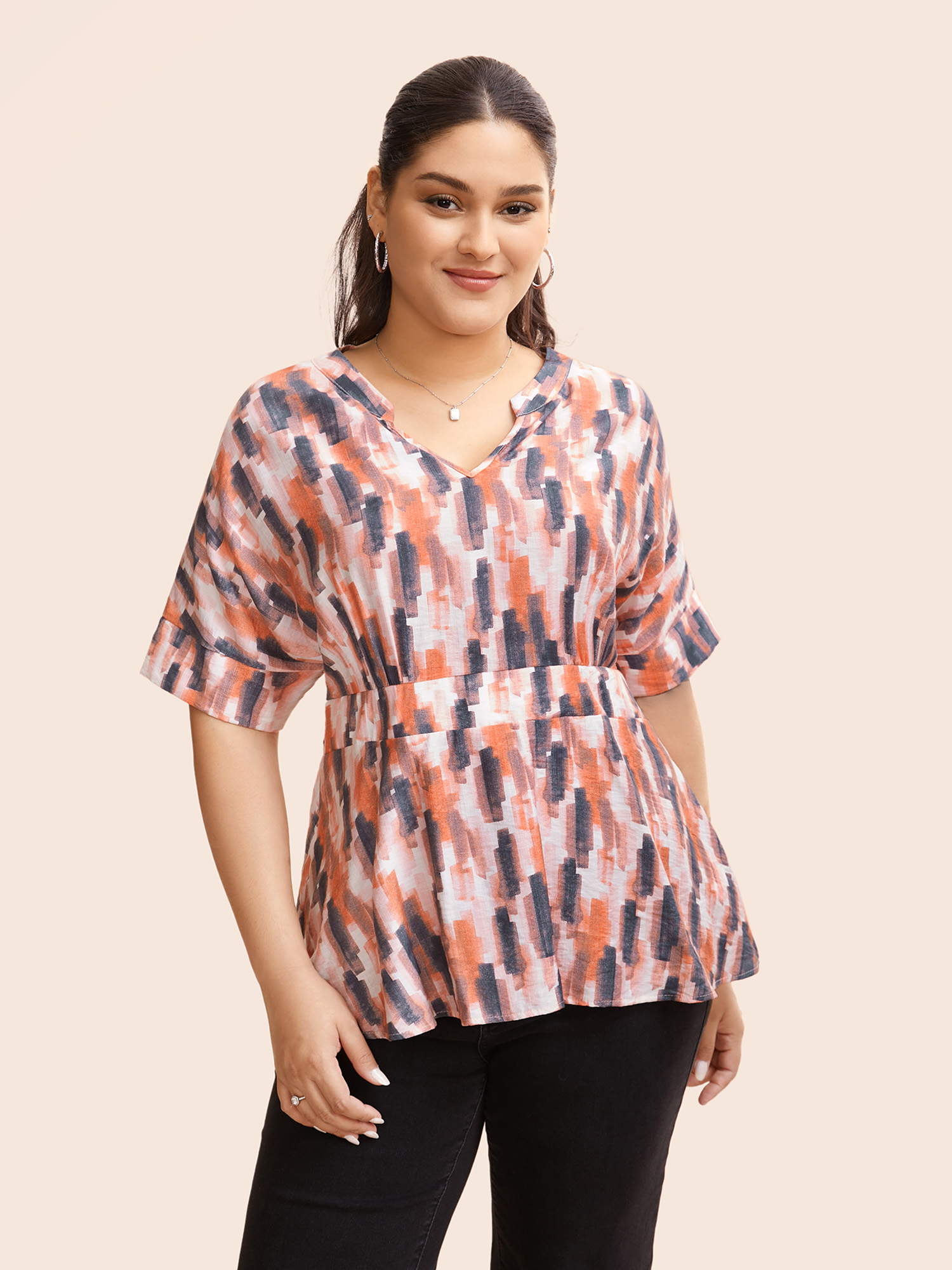 

Plus Size OrangeRed Brush Print Shirred Split Neck Blouse Women Casual Half Sleeve Flat collar with V-notch Everyday Blouses BloomChic