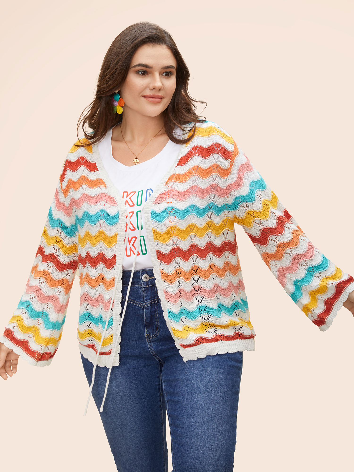 

Plus Size Cotton Rainbow Perforated Front Tie Cardigan Multicolor Women Casual Loose Long Sleeve Everyday Cardigans BloomChic