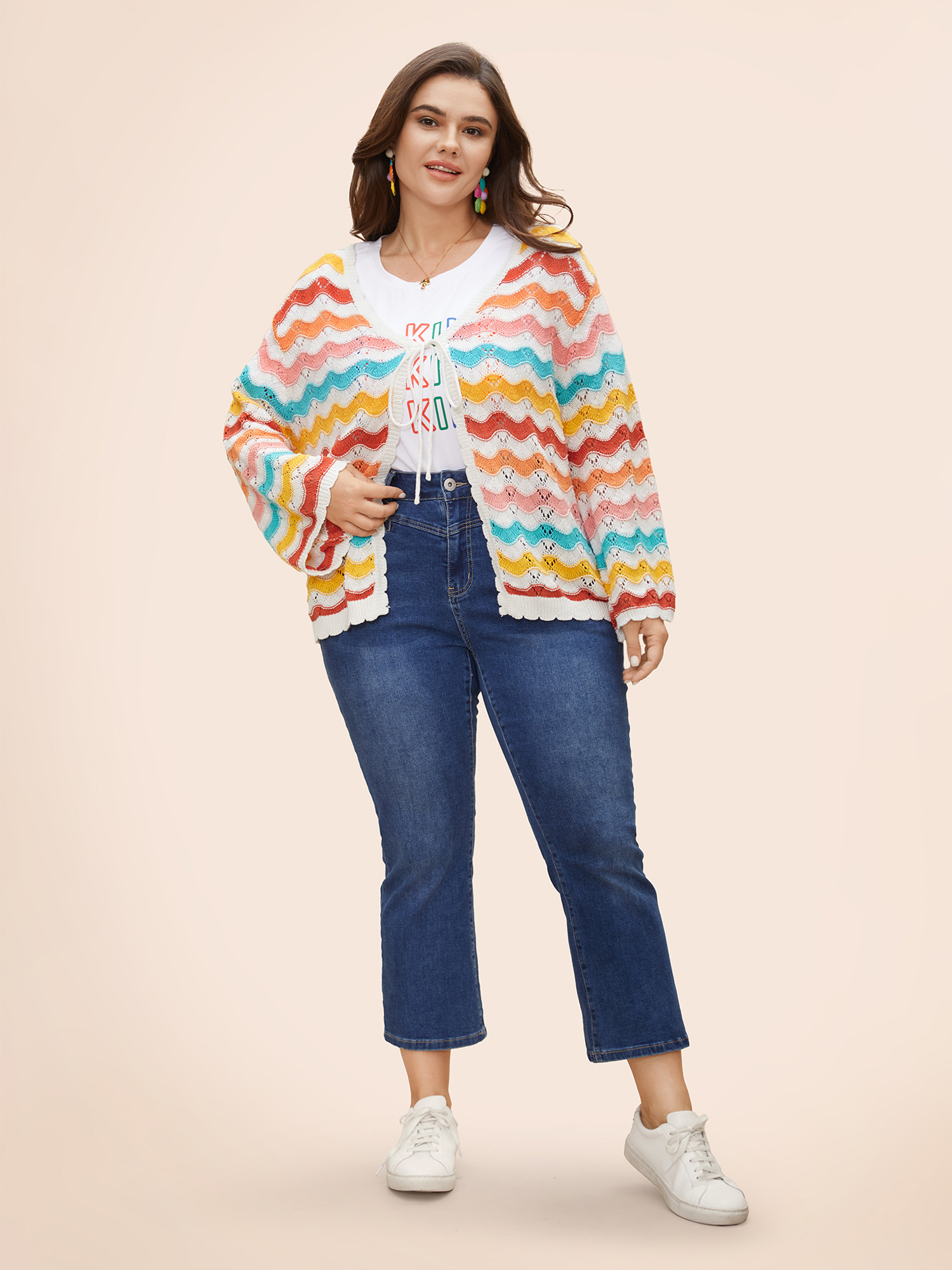 Plus Size Cotton Rainbow Perforated Front Tie Cardigan Multicolor Women Casual Loose Long Sleeve Everyday Cardigans BloomChic 14-16/1X 