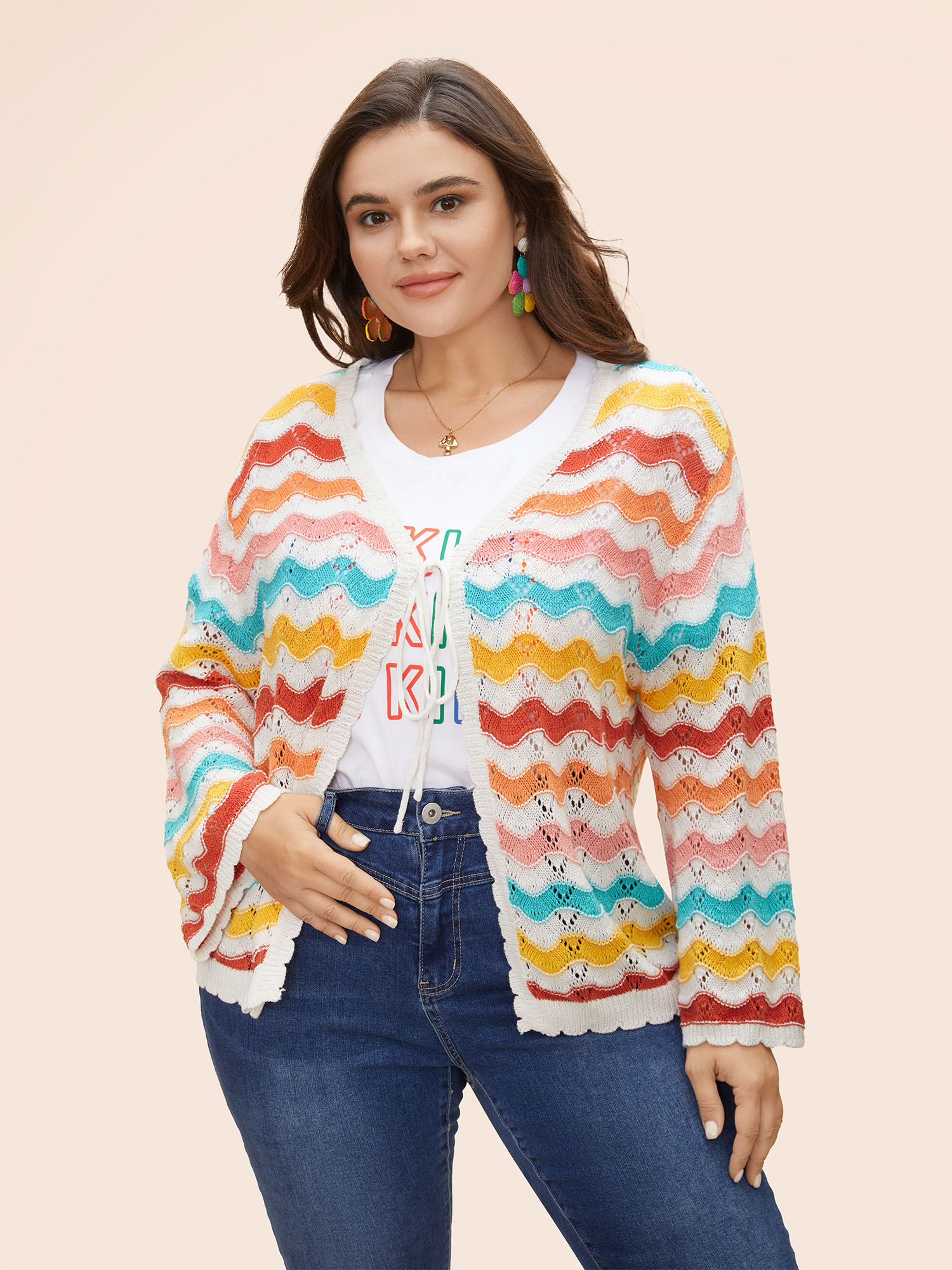 Plus Size Cotton Rainbow Perforated Front Tie Cardigan Multicolor Women Casual Loose Long Sleeve Everyday Cardigans BloomChic 14-16/1X 