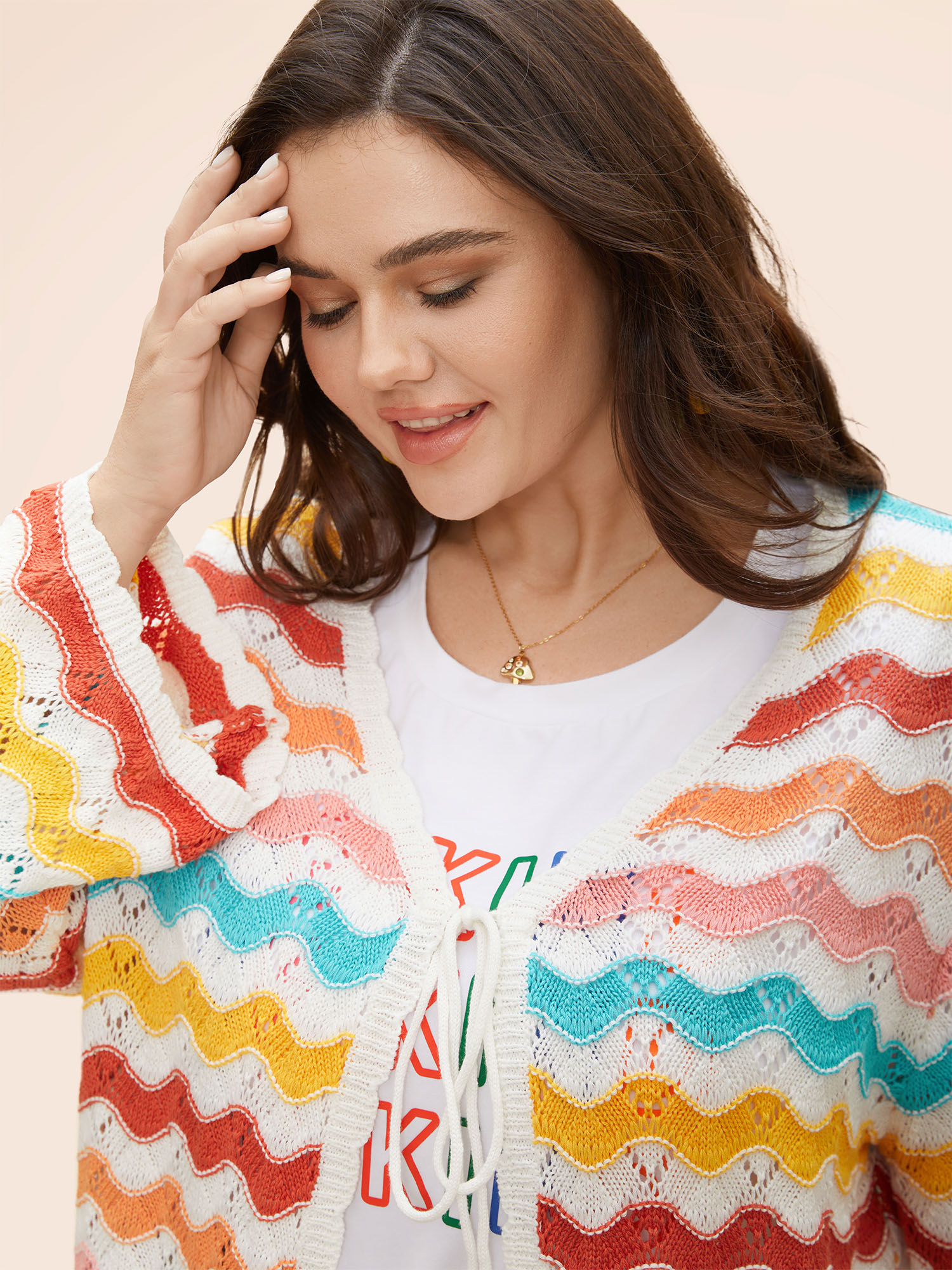 Plus Size Cotton Rainbow Perforated Front Tie Cardigan Multicolor Women Casual Loose Long Sleeve Everyday Cardigans BloomChic 14-16/1X 